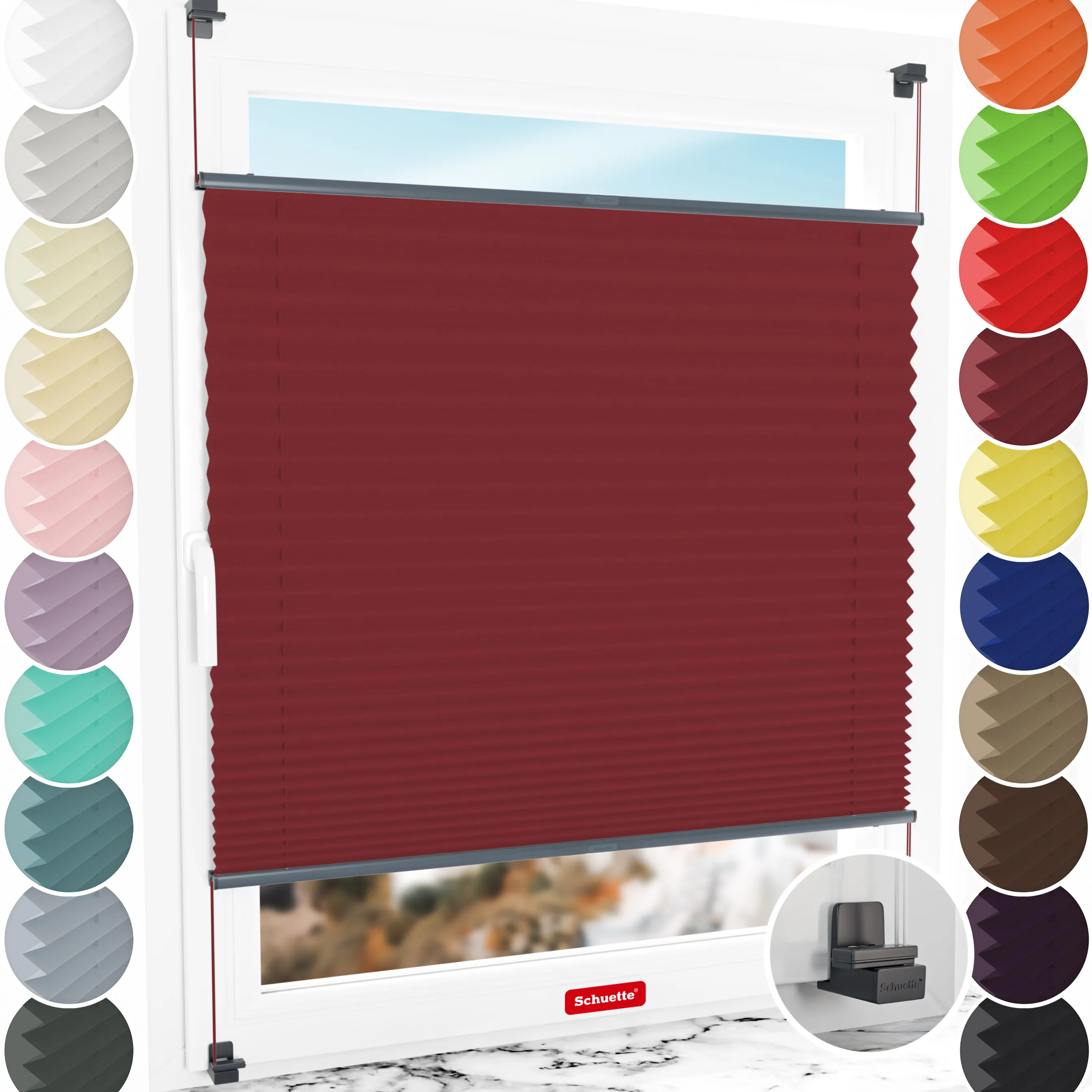 Schuette® Plissee ohne Bohren nach Maß • Suprafix Klemmhalter "X" • Thermo Kollektion: Scarlet Wine (Rot) • Profilfarbe: Anthrazit