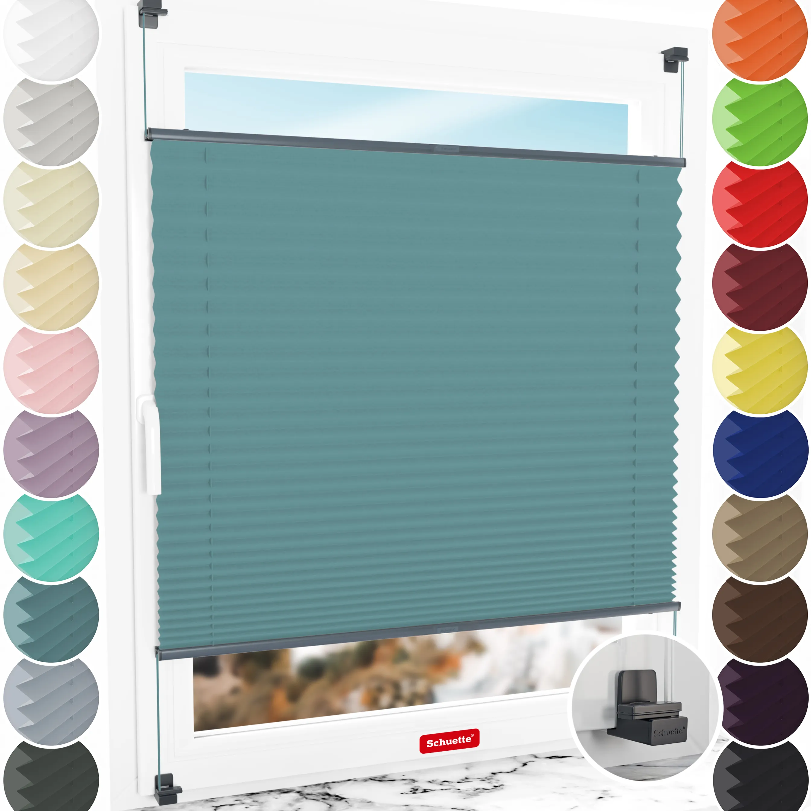 Schuette® Plissee ohne Bohren nach Maß • Suprafix Klemmhalter "X" • Thermo Kollektion: Teal Aura (Türkis) • Profilfarbe: Anthrazit