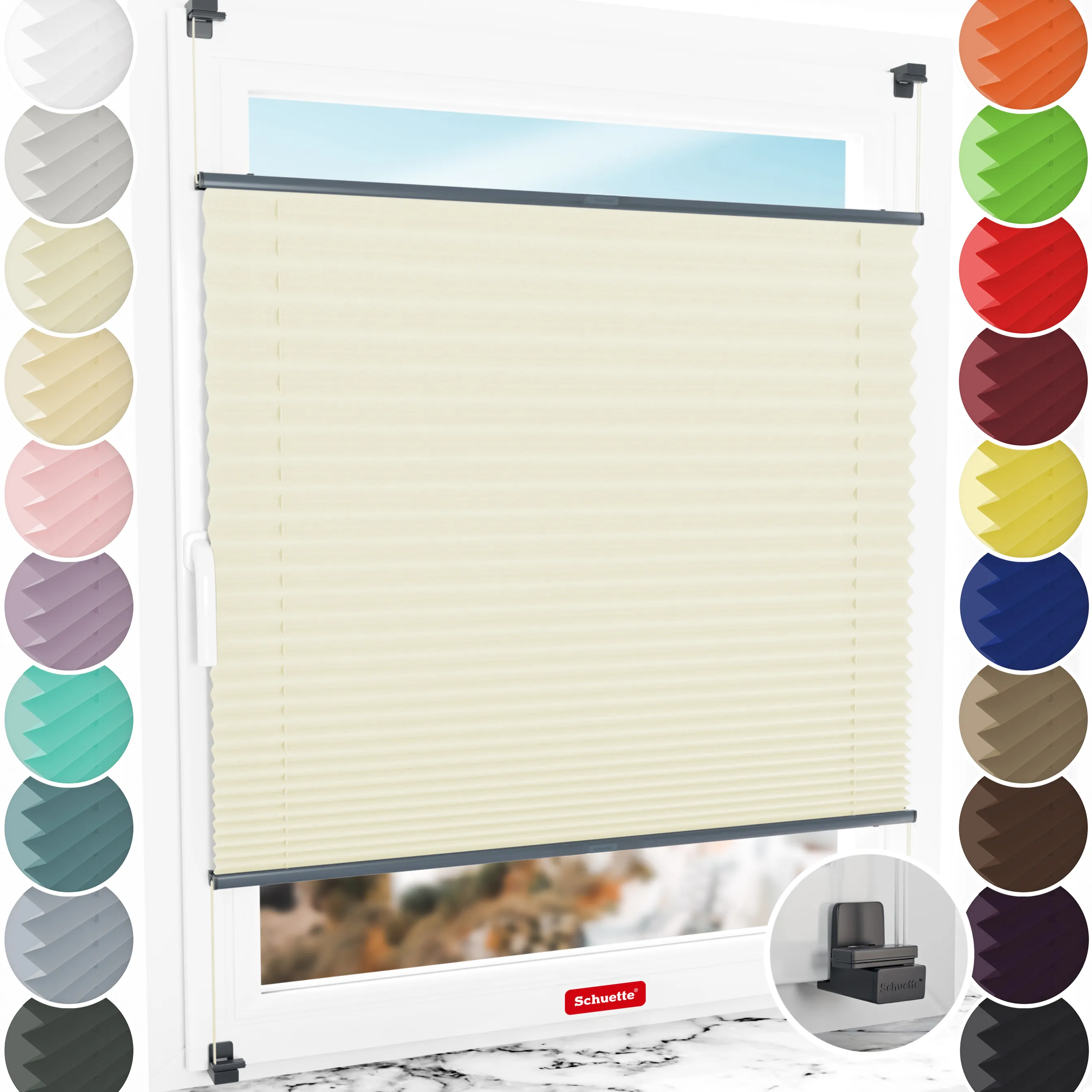 Schuette® Plissee ohne Bohren nach Maß • Suprafix Klemmhalter "X" • Thermo Kollektion: Sandstone (Beige) • Profilfarbe: Anthrazit