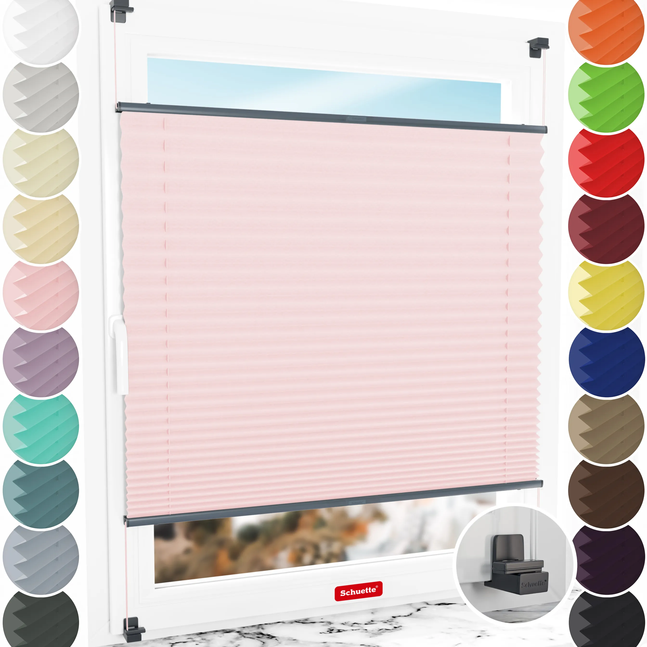 Schuette® Plissee ohne Bohren nach Maß • Suprafix Klemmhalter "X" • Thermo Kollektion: Rosewater (Rosa) • Profilfarbe: Anthrazit