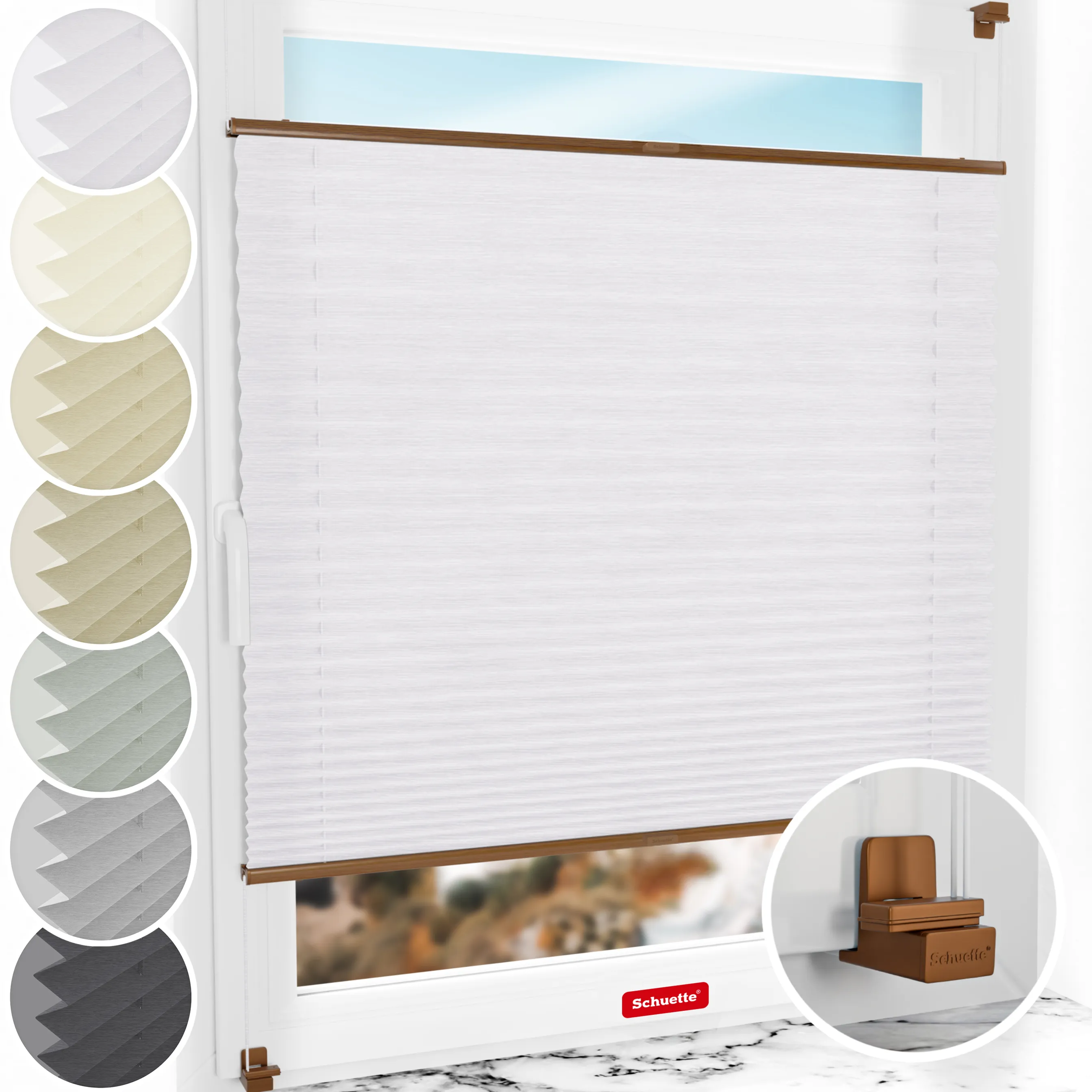 Schuette® Plissee ohne Bohren nach Maß • Suprafix Klemmhalter "X" • Dolomite Kollektion: Cold Morning (Grau) • Profilfarbe: Eiche