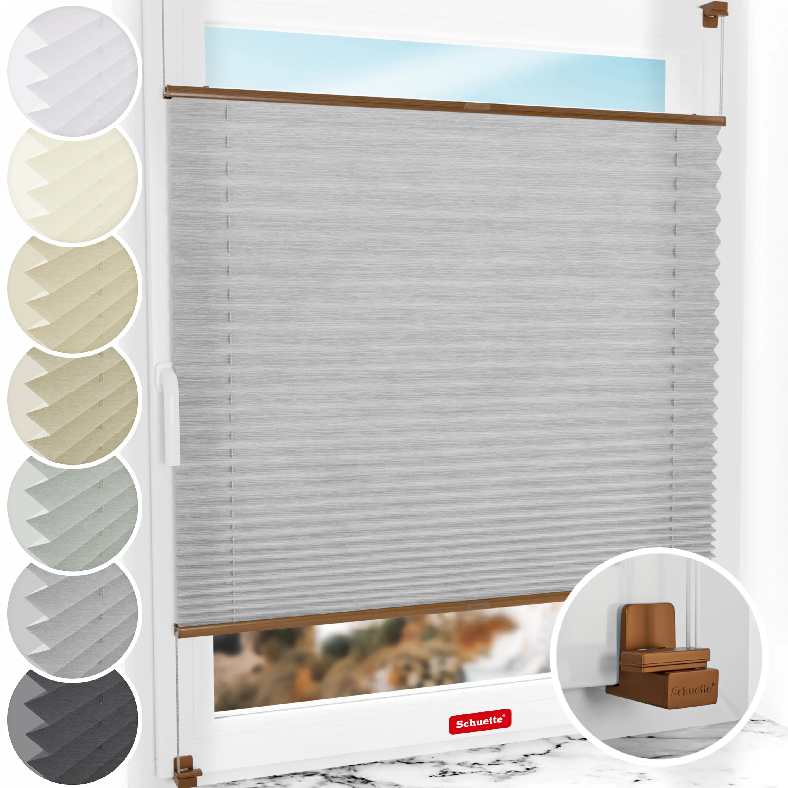 Schuette® Plissee ohne Bohren nach Maß • Suprafix Klemmhalter "X" • Dolomite Kollektion: Storm Gray (Grau) • Profilfarbe: Eiche