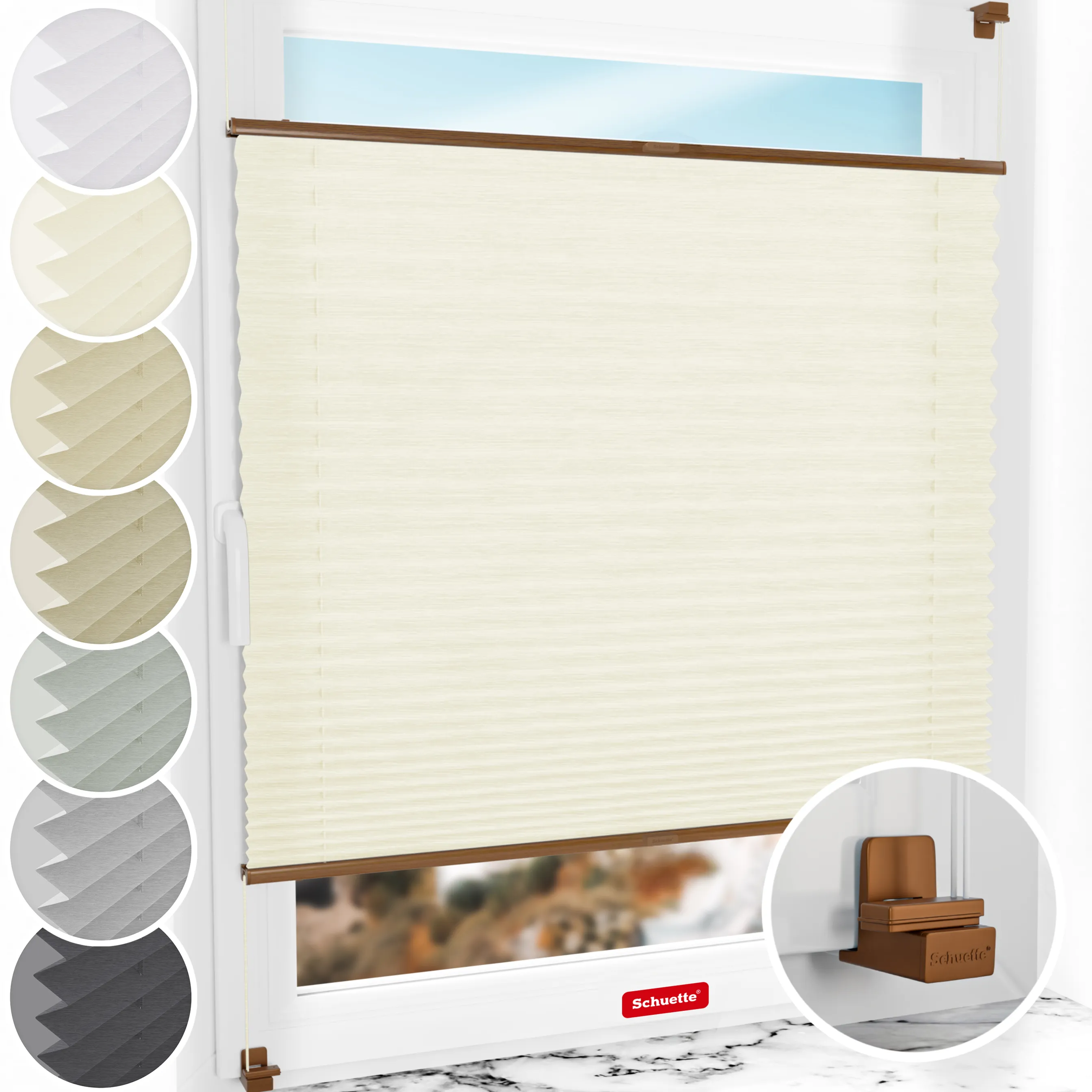Schuette® Plissee ohne Bohren nach Maß • Suprafix Klemmhalter "X" • Dolomite Kollektion: Vanilla Sky (Beige) • Profilfarbe: Eiche