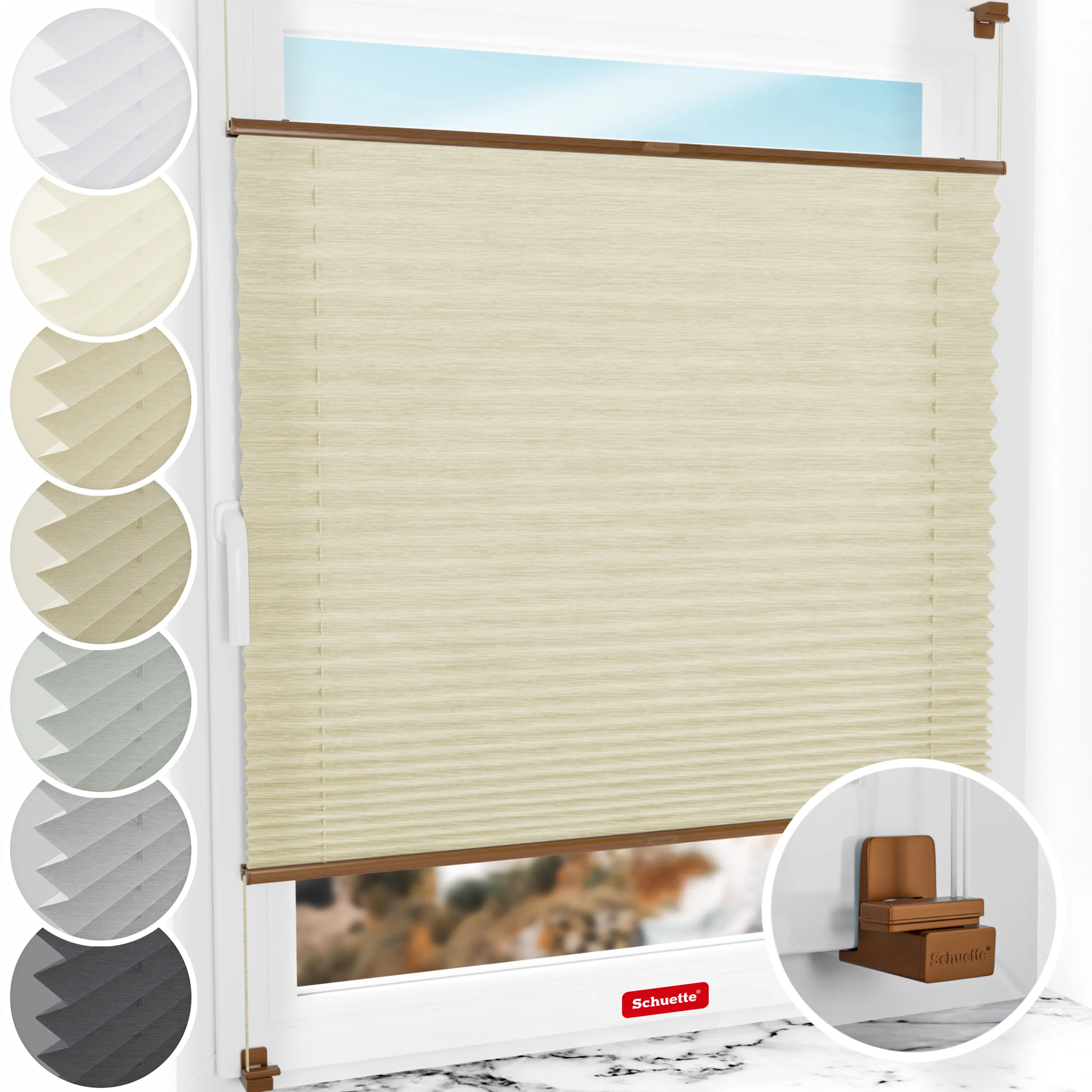 Schuette® Plissee ohne Bohren nach Maß • Suprafix Klemmhalter "X" • Dolomite Kollektion: Wet Stand (Beige) • Profilfarbe: Eiche
