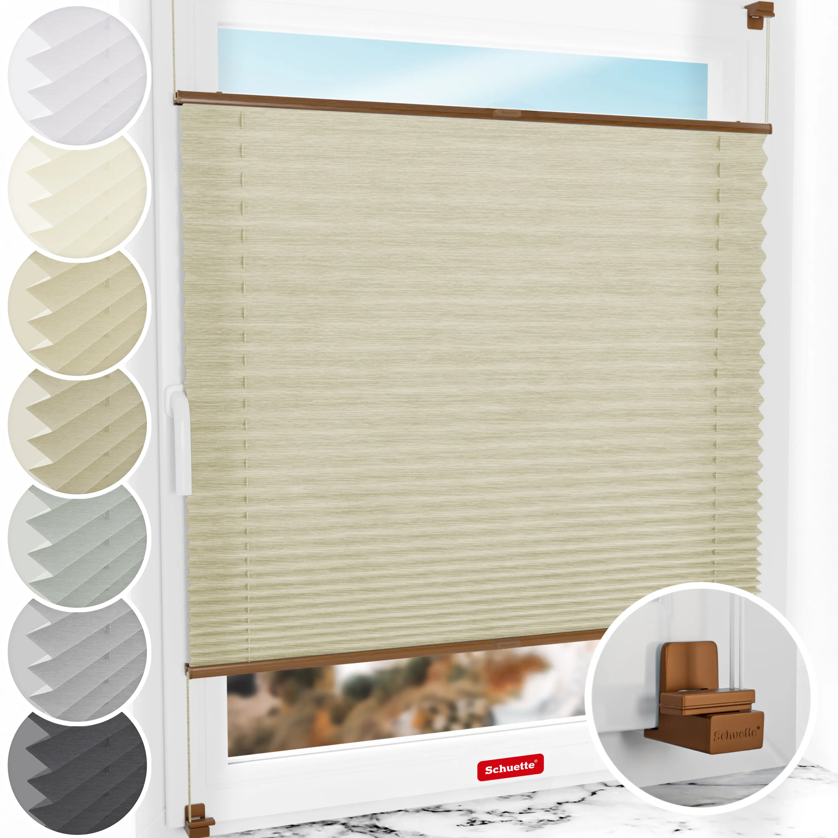 Schuette® Plissee ohne Bohren nach Maß • Suprafix Klemmhalter "X" • Dolomite Kollektion: Light Coffee (Beige) • Profilfarbe: Eiche