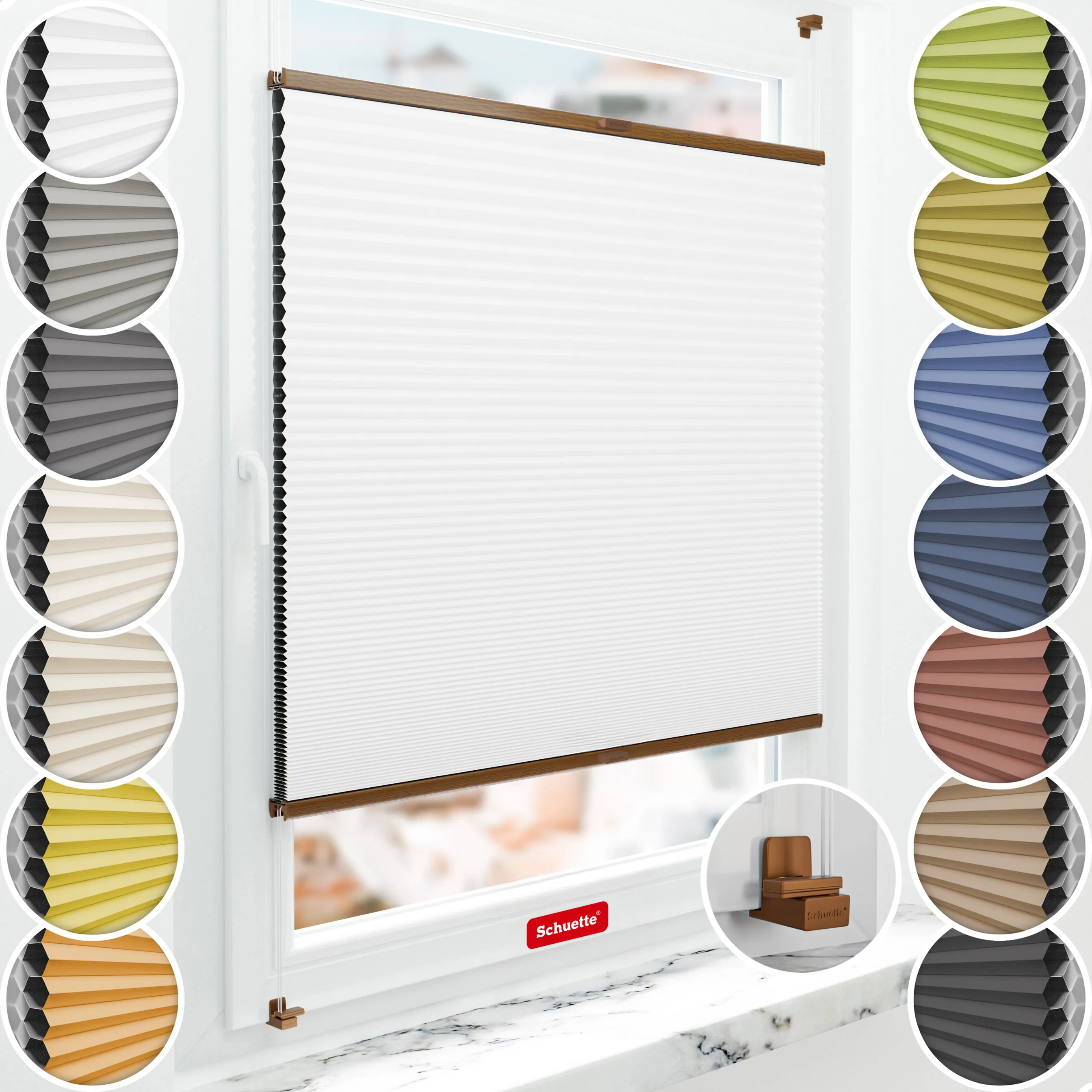 Schuette® Wabenplissee ohne Bohren nach Maß • Suprafix Klemmhalter "X" • Honey Kollektion: Moonlight (Weiß) • Profilfarbe: Eiche