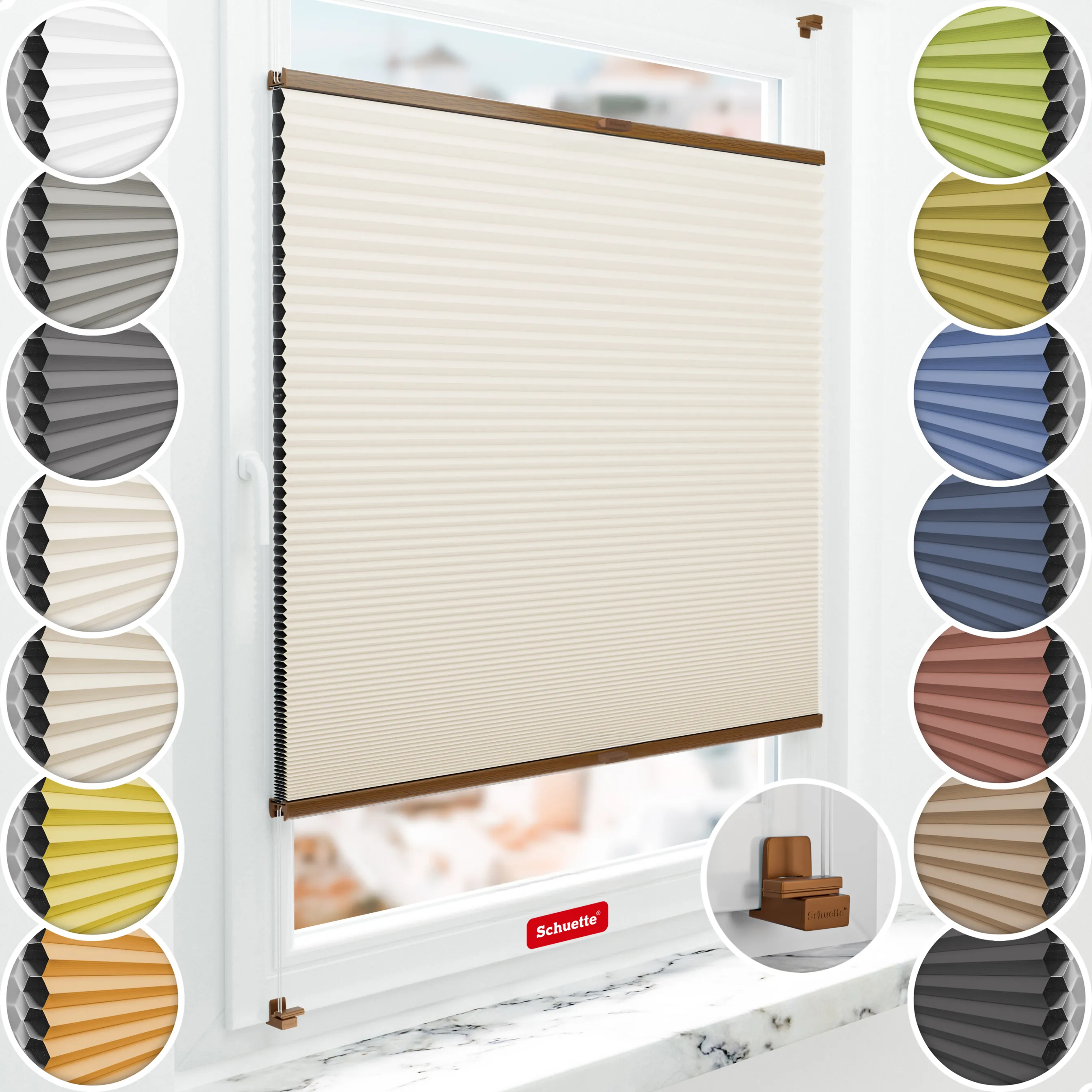 Schuette® Wabenplissee ohne Bohren nach Maß • Suprafix Klemmhalter "X" • Honey Kollektion: Calm Coast (Beige) • Profilfarbe: Eiche