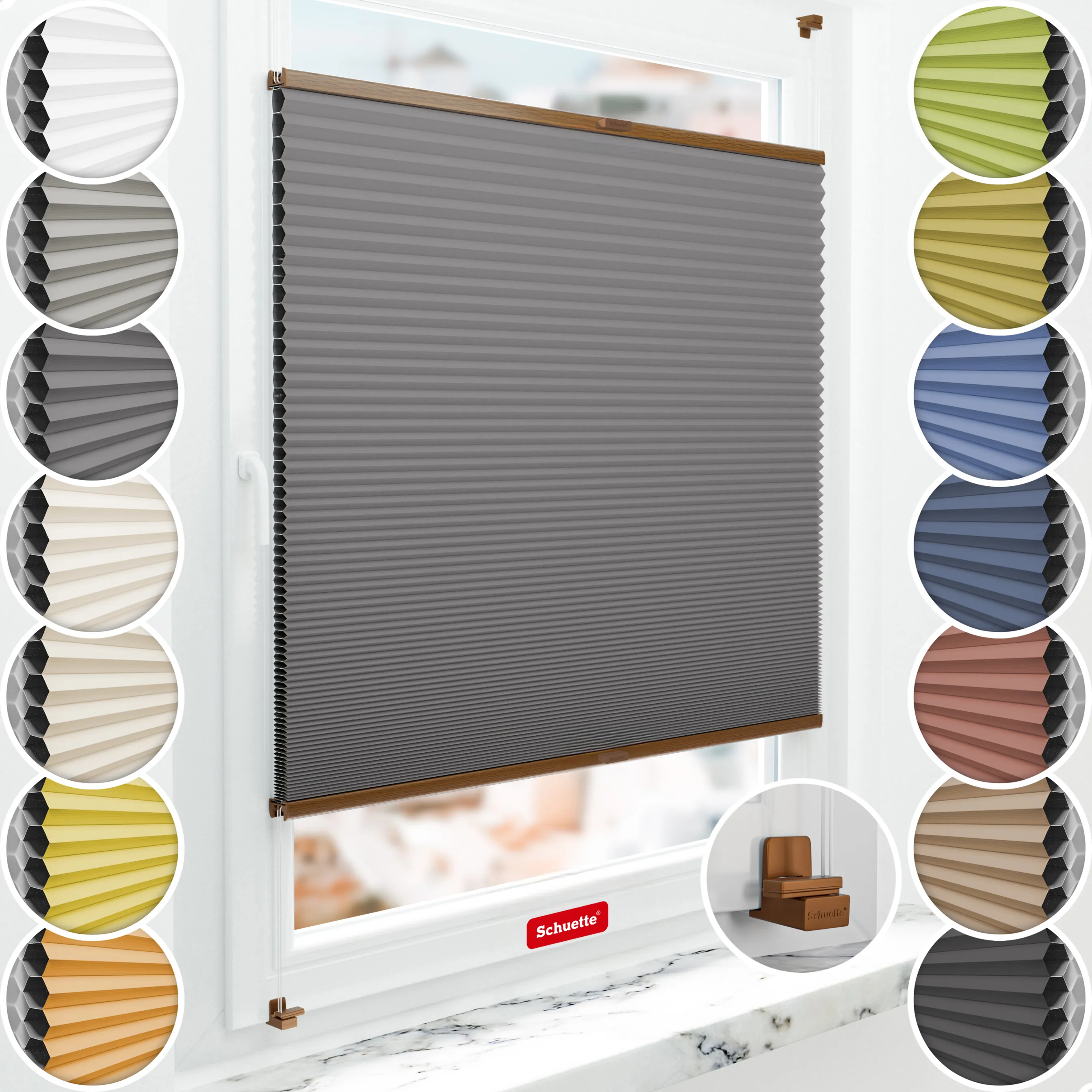 Schuette® Wabenplissee ohne Bohren nach Maß • Suprafix Klemmhalter "X" • Honey Kollektion: Twilight Tango (Grau) • Profilfarbe: Eiche