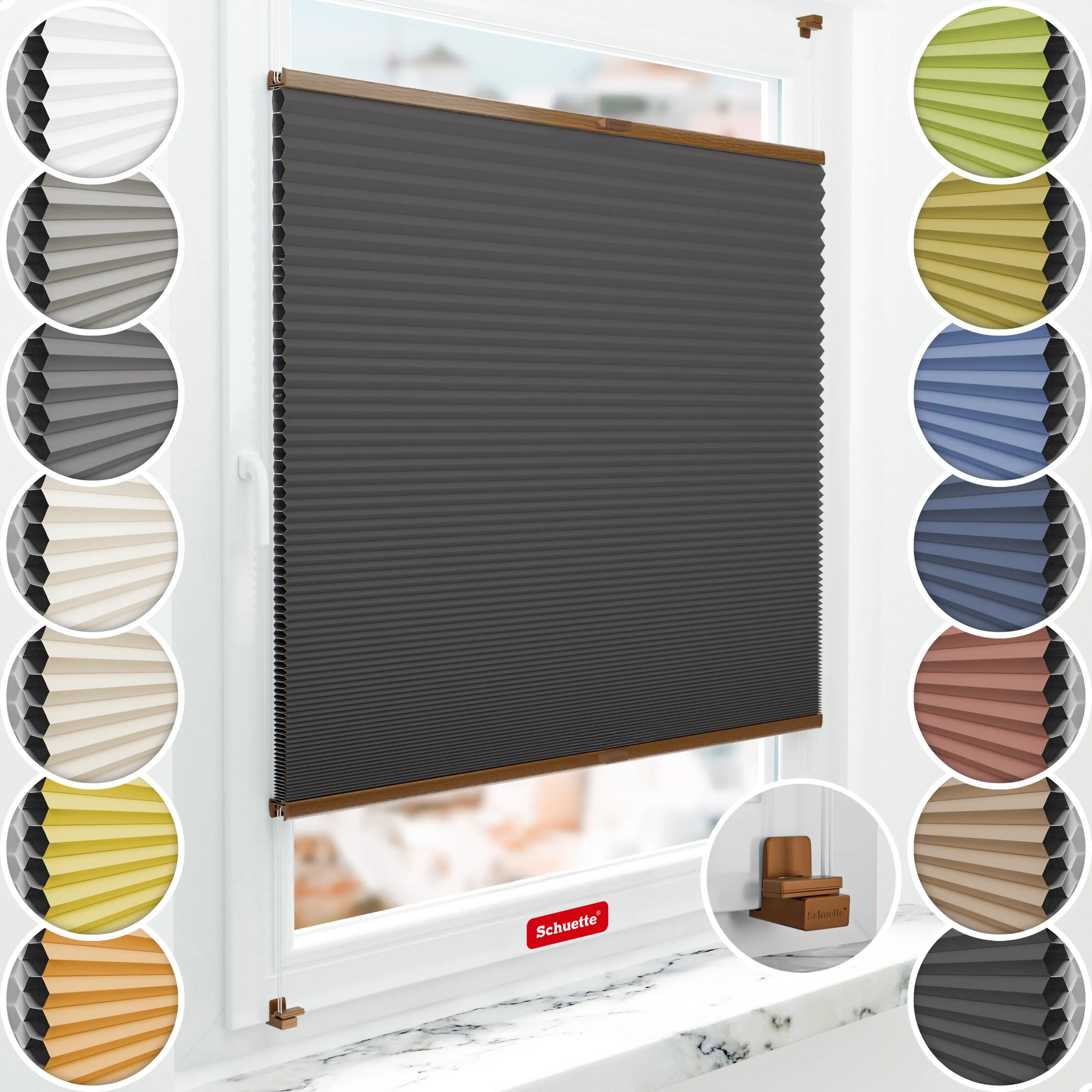 Schuette® Wabenplissee ohne Bohren nach Maß • Suprafix Klemmhalter "X" • Honey Kollektion: Starry Night (Schwarz) • Profilfarbe: Eiche