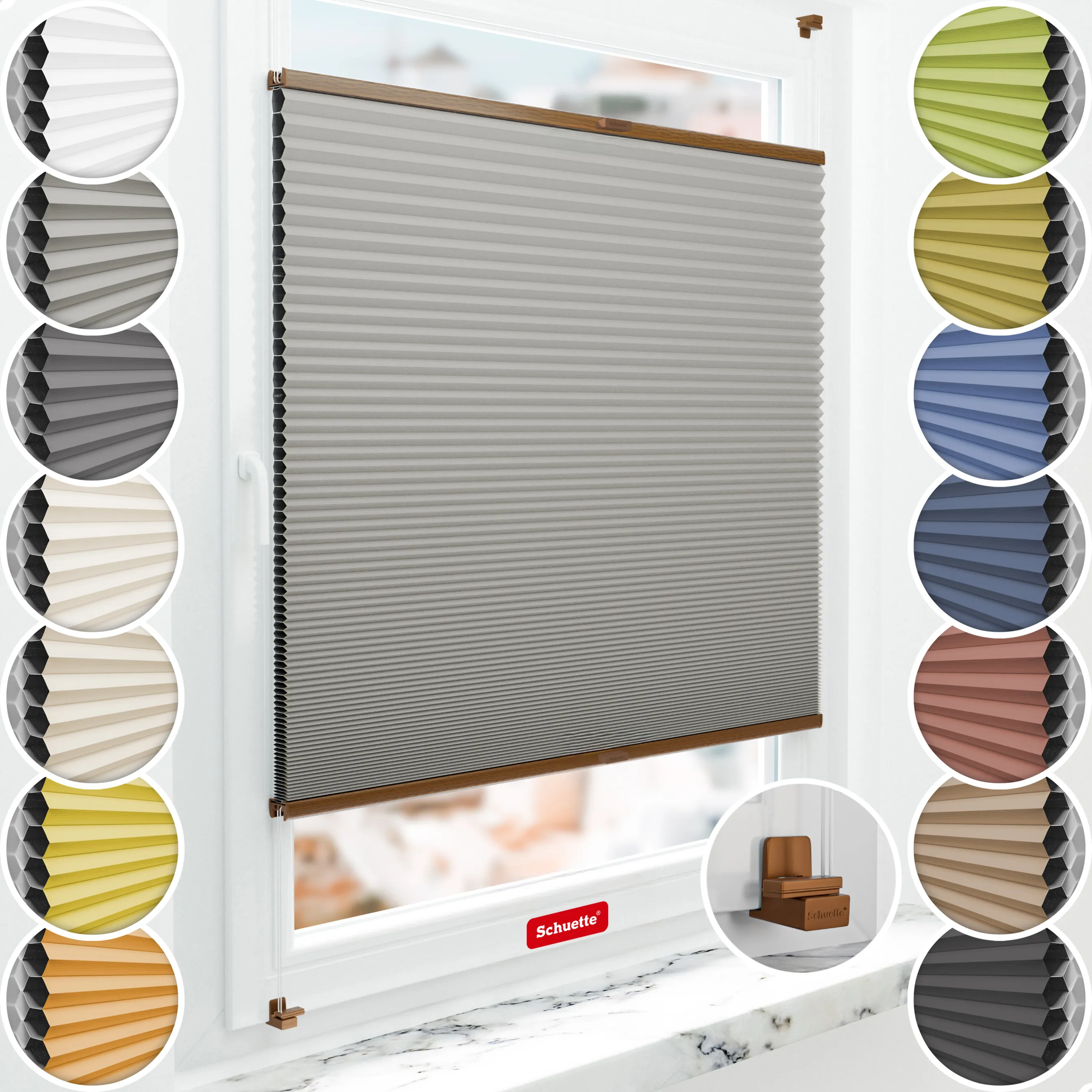 Schuette® Wabenplissee ohne Bohren nach Maß • Suprafix Klemmhalter "X" • Honey Kollektion: Silver Mist (Grau) • Profilfarbe: Eiche