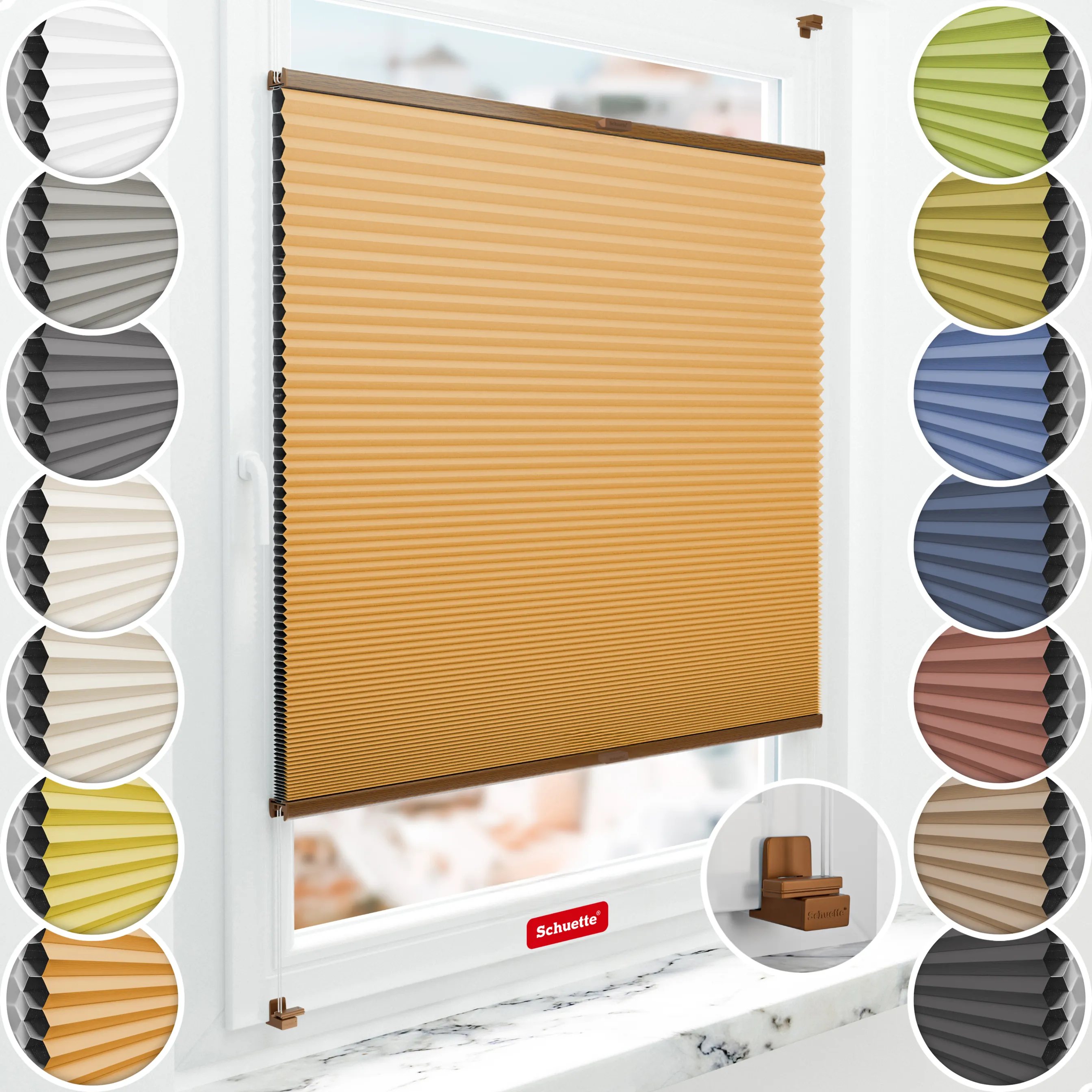 Schuette® Wabenplissee ohne Bohren nach Maß • Suprafix Klemmhalter "X" • Honey Kollektion: Citrus Glow (Orange) • Profilfarbe: Eiche