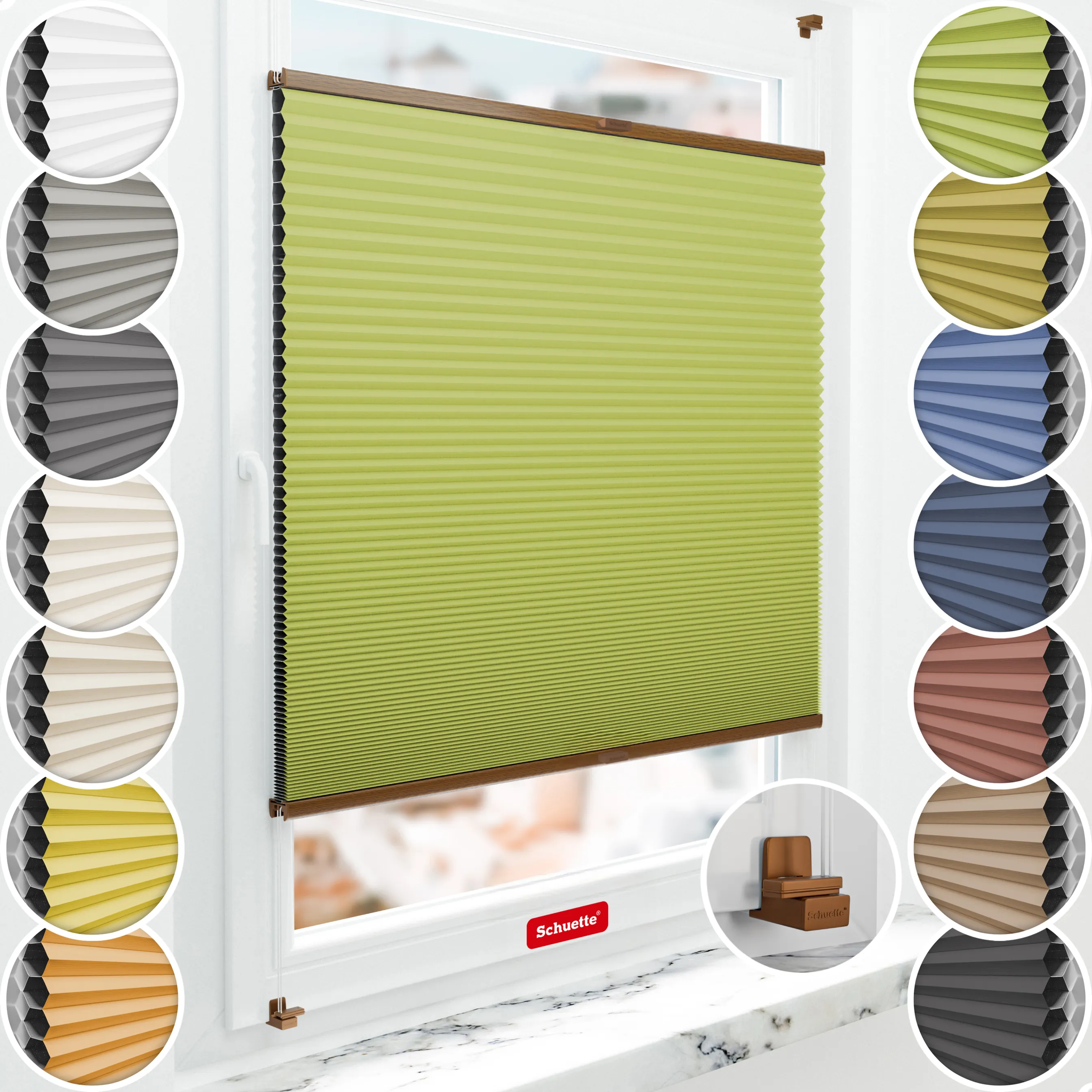 Schuette® Wabenplissee ohne Bohren nach Maß • Suprafix Klemmhalter "X" • Honey Kollektion: Green Tea (Grün) • Profilfarbe: Eiche