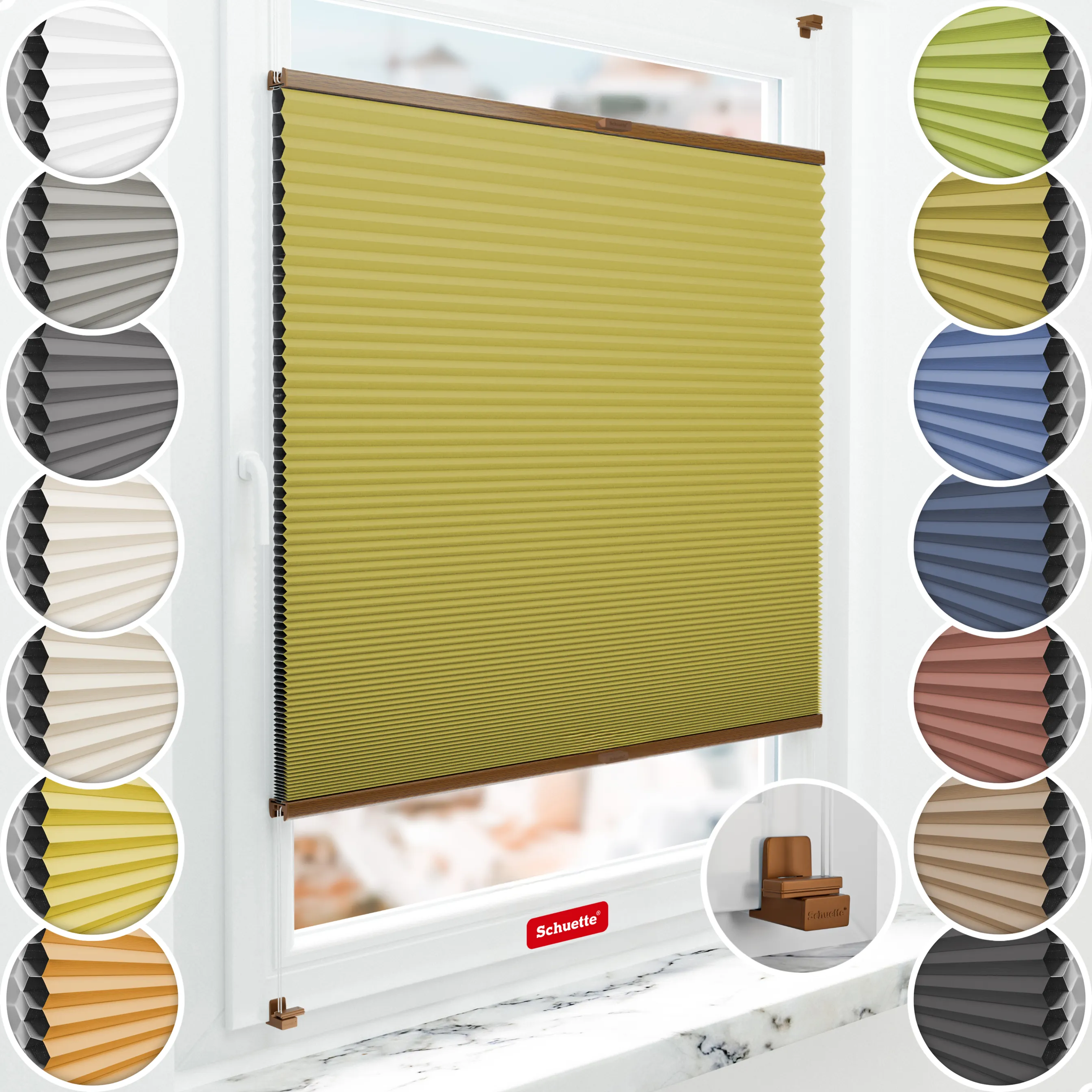 Schuette® Wabenplissee ohne Bohren nach Maß • Suprafix Klemmhalter "X" • Honey Kollektion: Olive Branch (Olivgrün) • Profilfarbe: Eiche