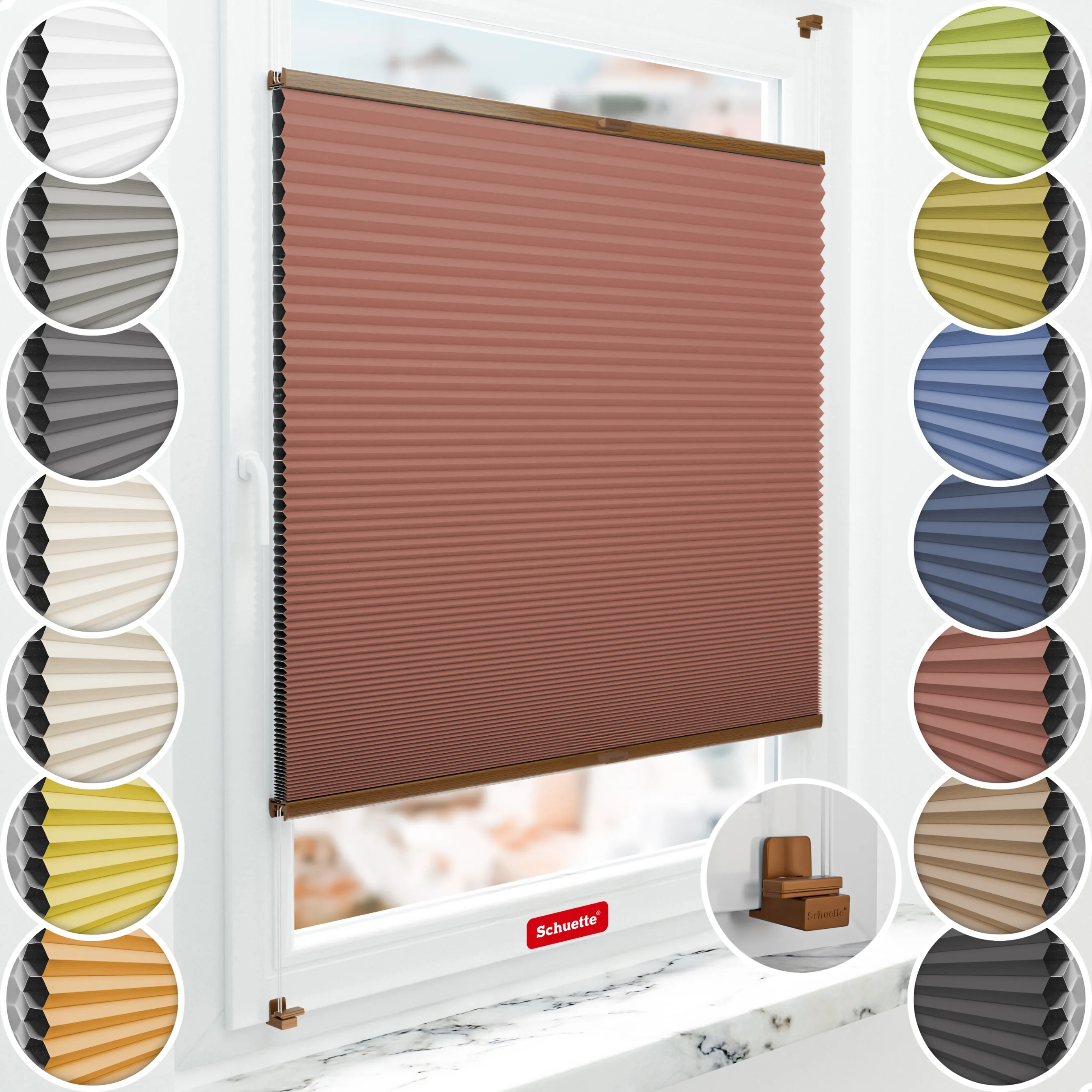 Schuette® Wabenplissee ohne Bohren nach Maß • Suprafix Klemmhalter "X" • Honey Kollektion: Poppy Petal (Dunkelrot) • Profilfarbe: Eiche