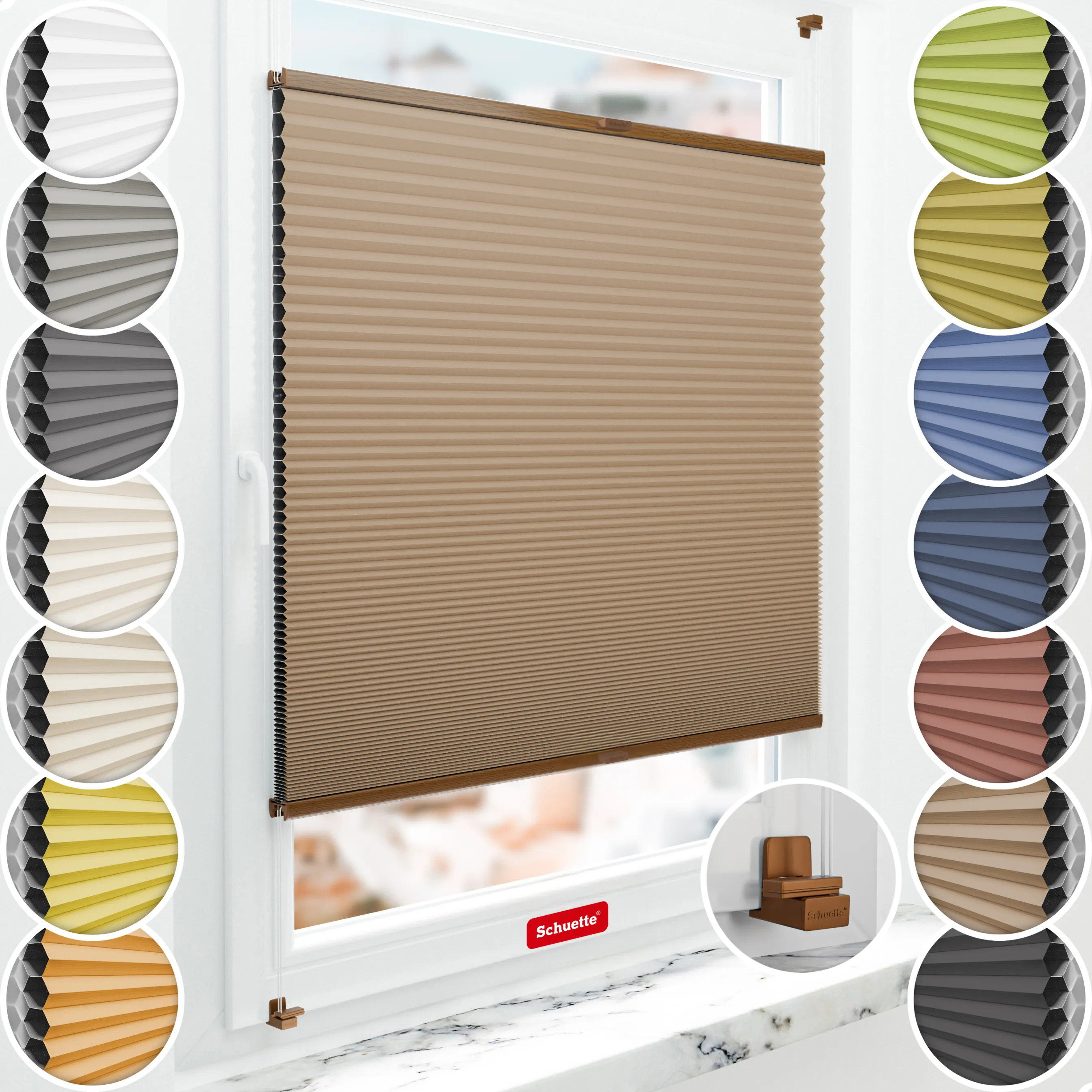 Schuette® Wabenplissee ohne Bohren nach Maß • Suprafix Klemmhalter "X" • Honey Kollektion: Maple Wood (Braun) • Profilfarbe: Eiche