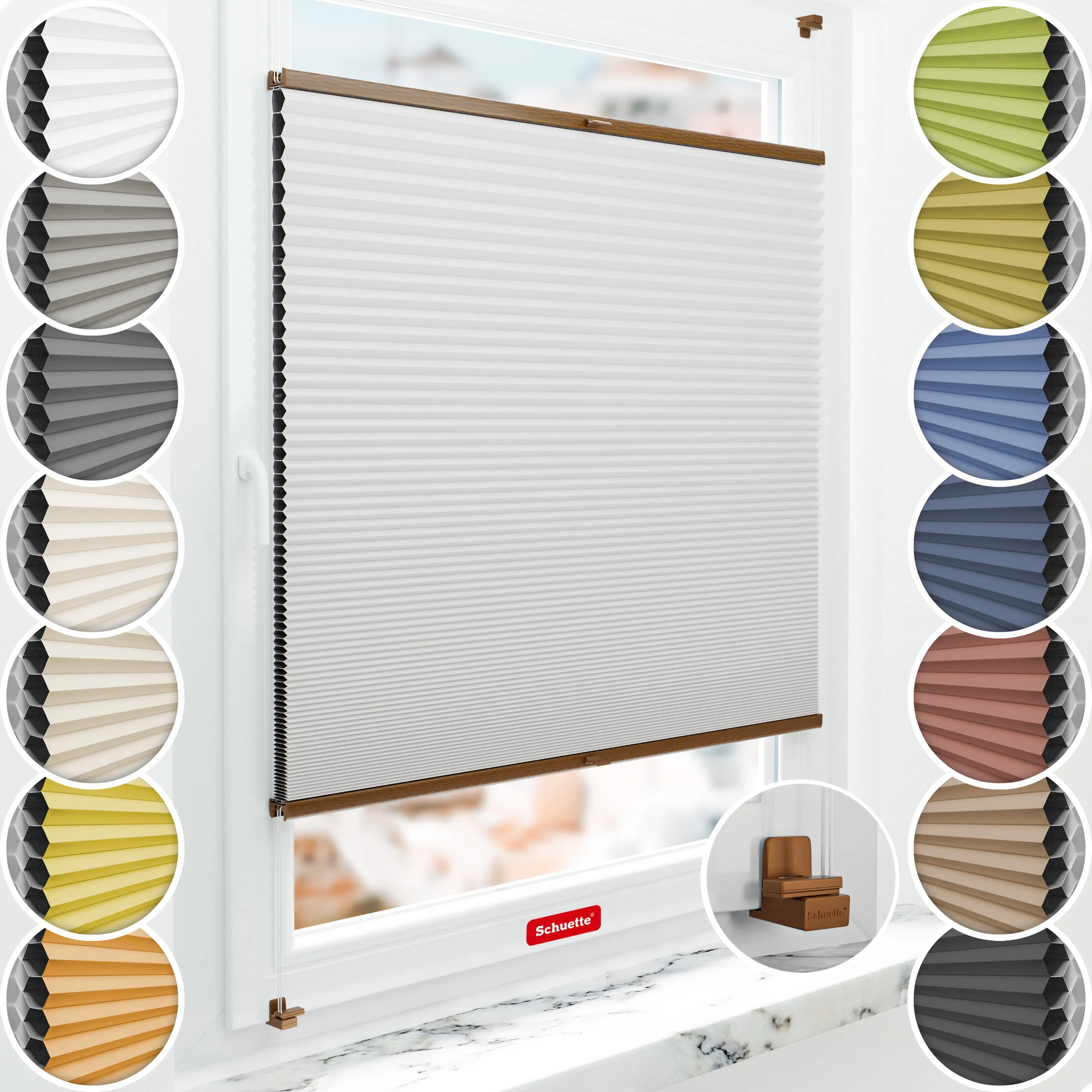 Schuette® Wabenplissee ohne Bohren nach Maß • Suprafix Klemmhalter "X" • Honey Kollektion: Gray-zy in Love (Pastellgrau) • Profilfarbe: Eiche