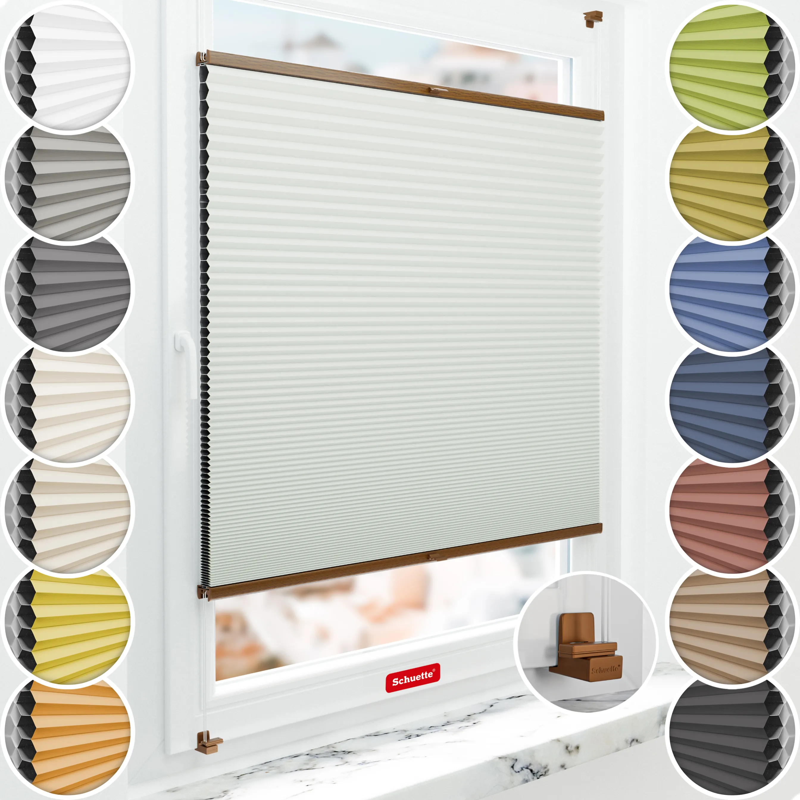 Schuette® Wabenplissee ohne Bohren nach Maß • Suprafix Klemmhalter "X" • Honey Kollektion: Tinkerbell Twinkle (Pastellgrün) • Profilfarbe: Eiche