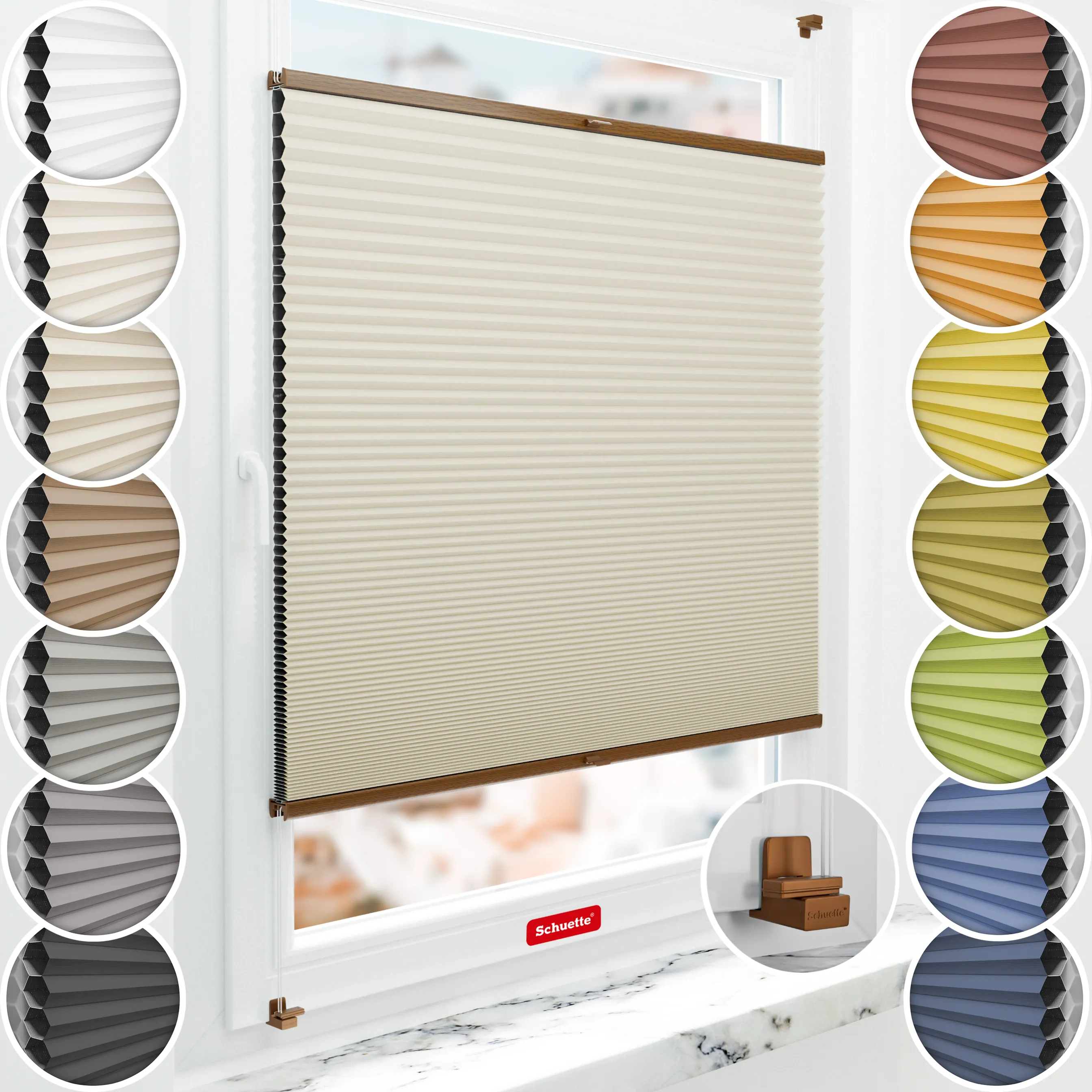 Schuette® Wabenplissee ohne Bohren nach Maß • Suprafix Klemmhalter "X" • Honey Kollektion: Belgian Waffle (Creme) • Profilfarbe: Eiche