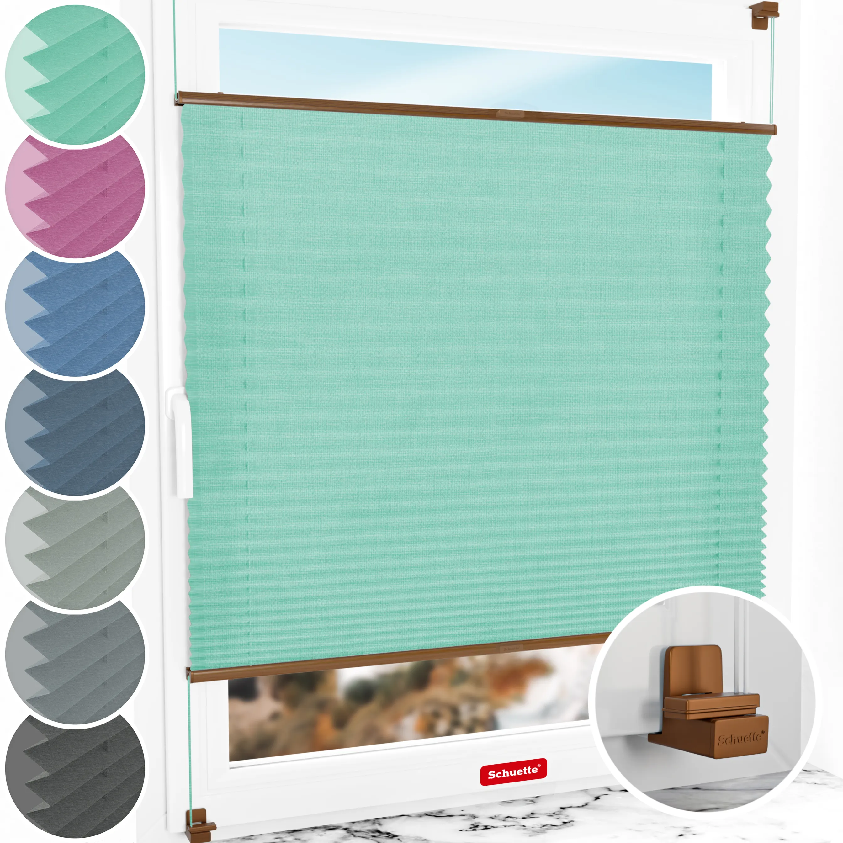 Schuette® Plissee ohne Bohren nach Maß • Suprafix Klemmhalter "X" • Melange Kollektion: Mint Ice Cream (Grün) • Profilfarbe: Eiche