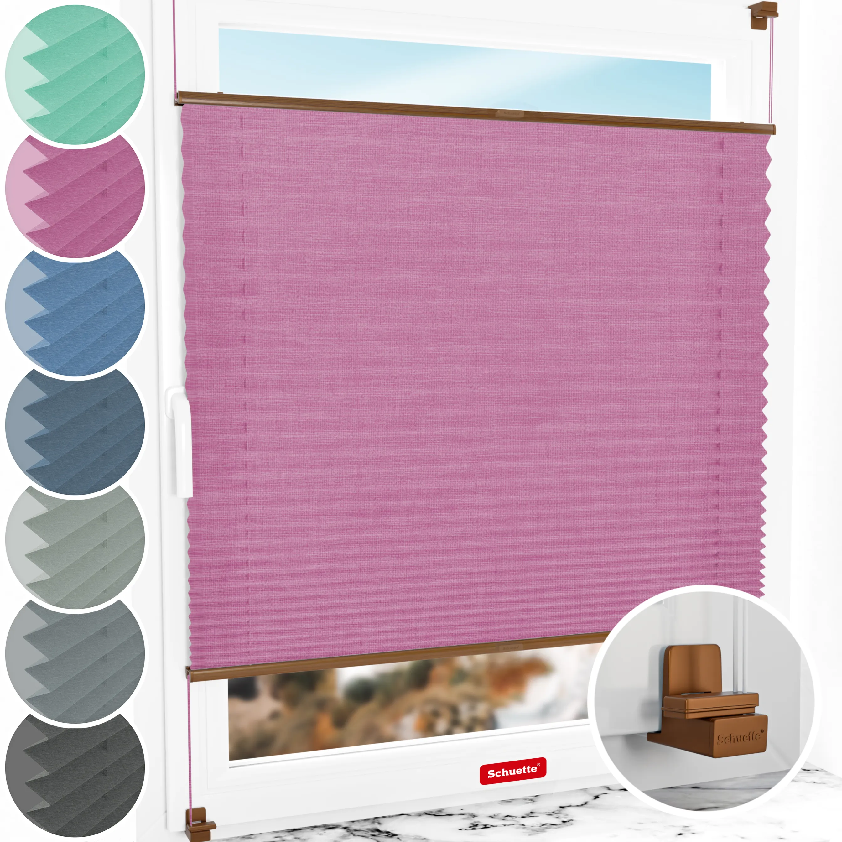 Schuette® Plissee ohne Bohren nach Maß • Suprafix Klemmhalter "X" • Melange Kollektion: Magic Pink (Rosa) • Profilfarbe: Eiche