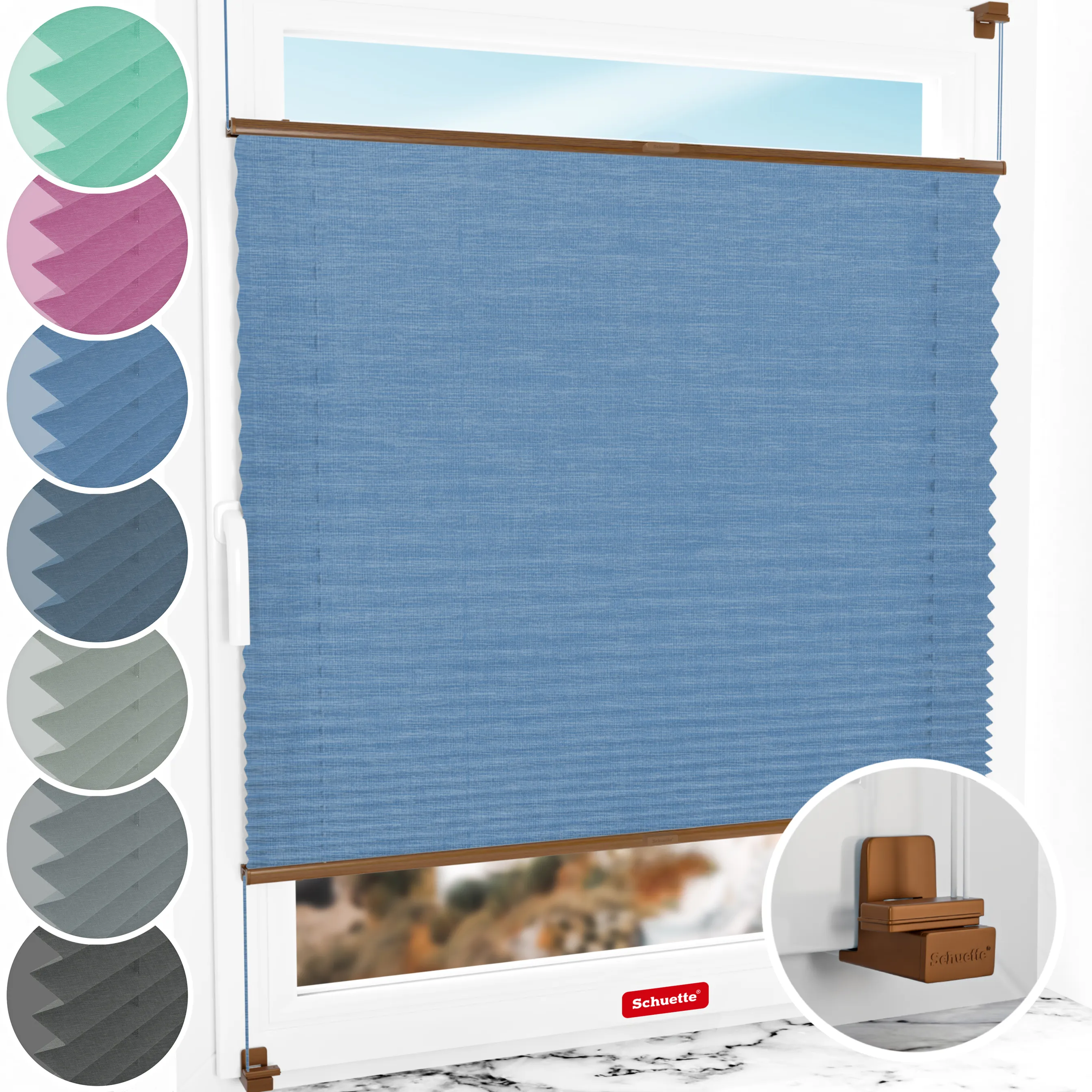 Schuette® Plissee ohne Bohren nach Maß • Suprafix Klemmhalter "X" • Melange Kollektion: Deep Sea (Blau) • Profilfarbe: Eiche