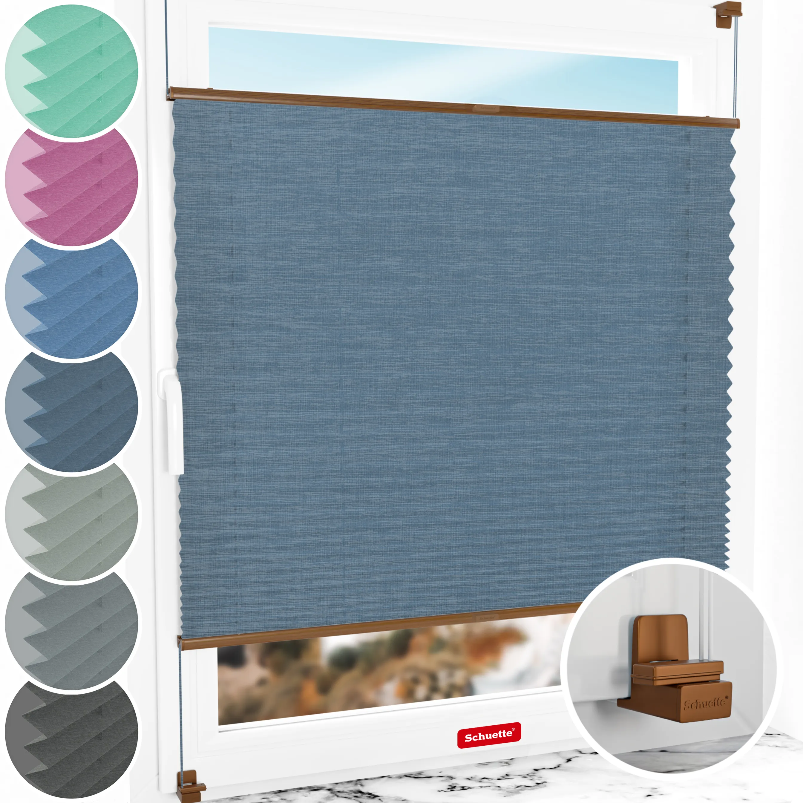 Schuette® Plissee ohne Bohren nach Maß • Suprafix Klemmhalter "X" • Melange Kollektion: After Rain (Blau) • Profilfarbe: Eiche