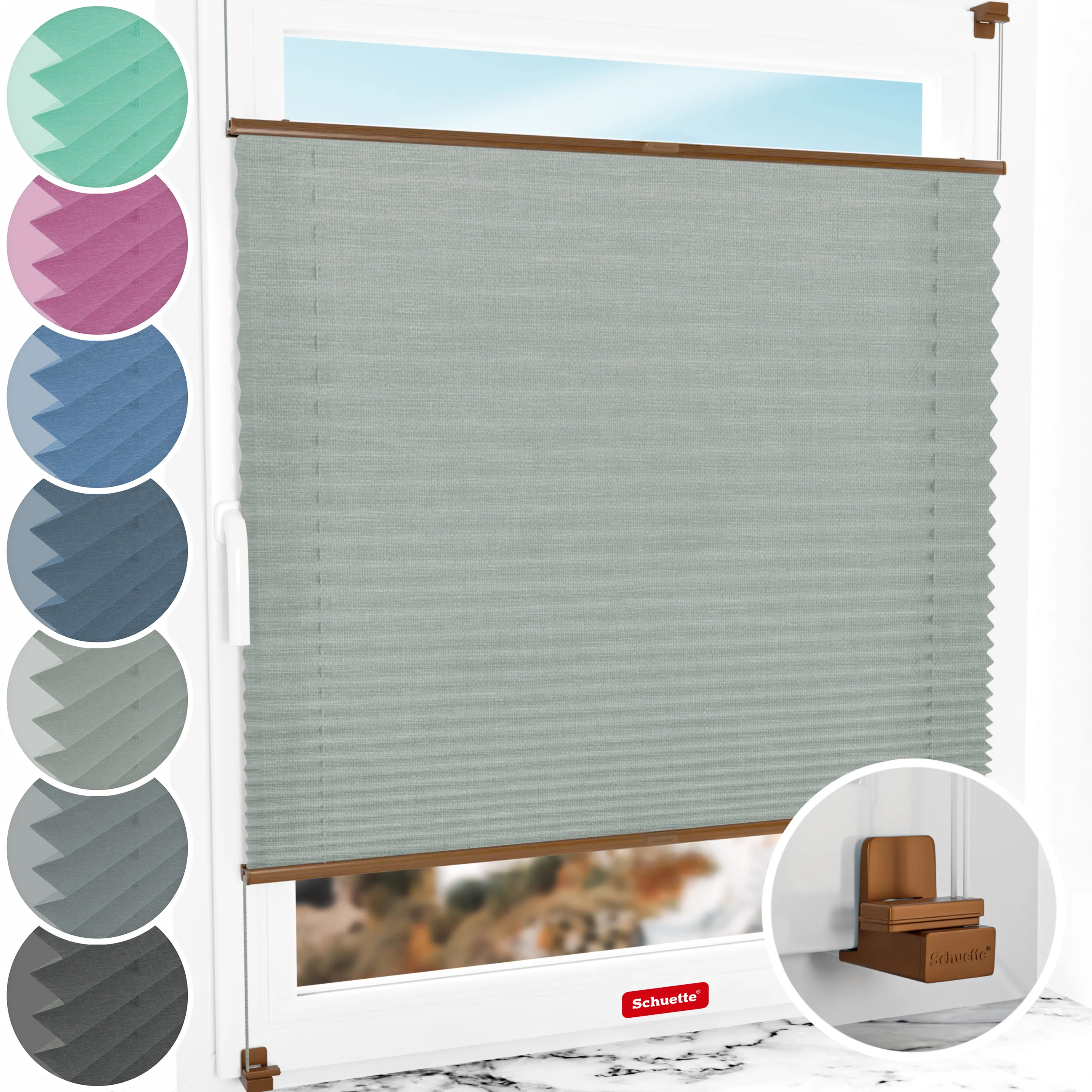 Schuette® Plissee ohne Bohren nach Maß • Suprafix Klemmhalter "X" • Melange Kollektion: On The Road (Grau) • Profilfarbe: Eiche