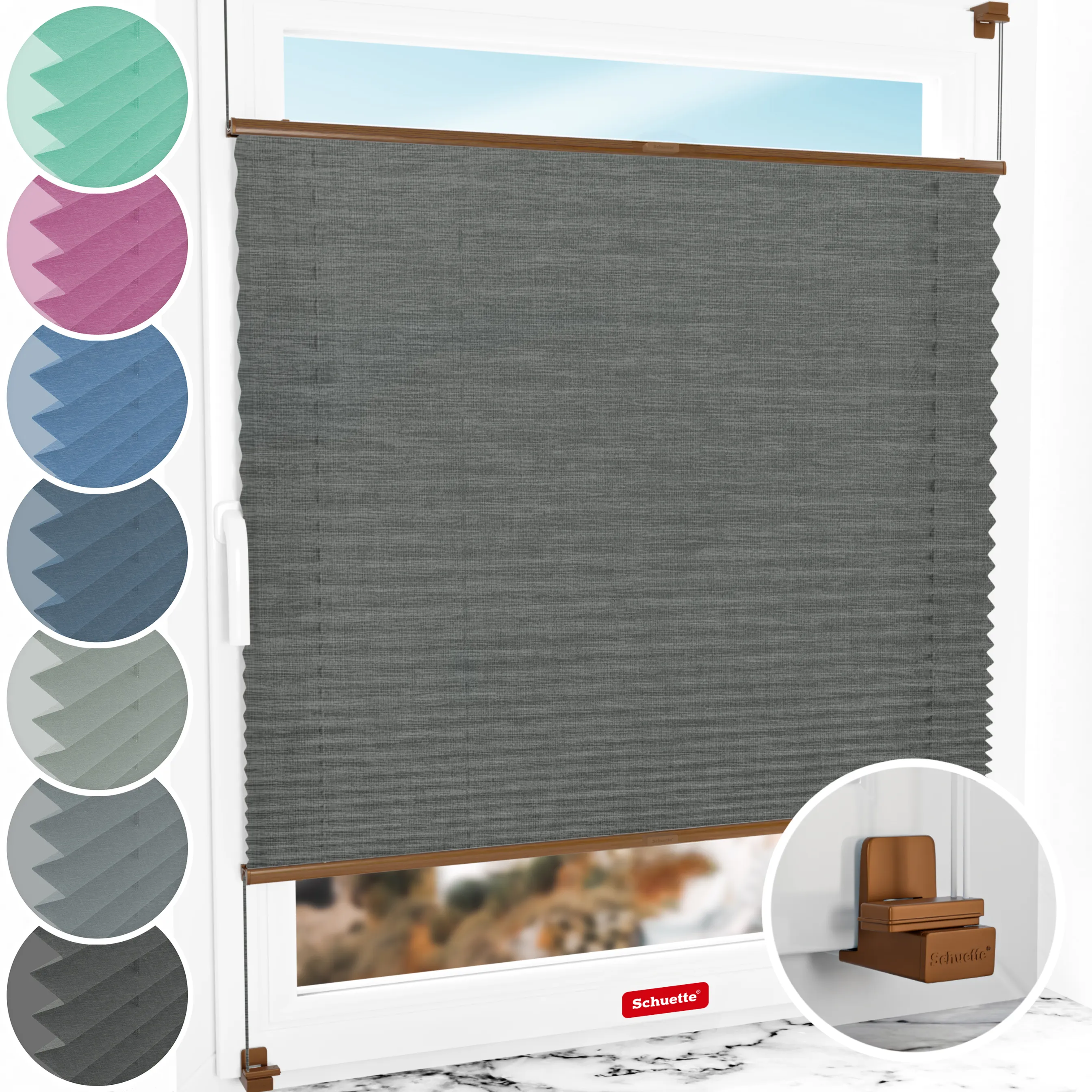 Schuette® Plissee ohne Bohren nach Maß • Suprafix Klemmhalter "X" • Melange Kollektion: Black Pearl (Schwarz) • Profilfarbe: Eiche