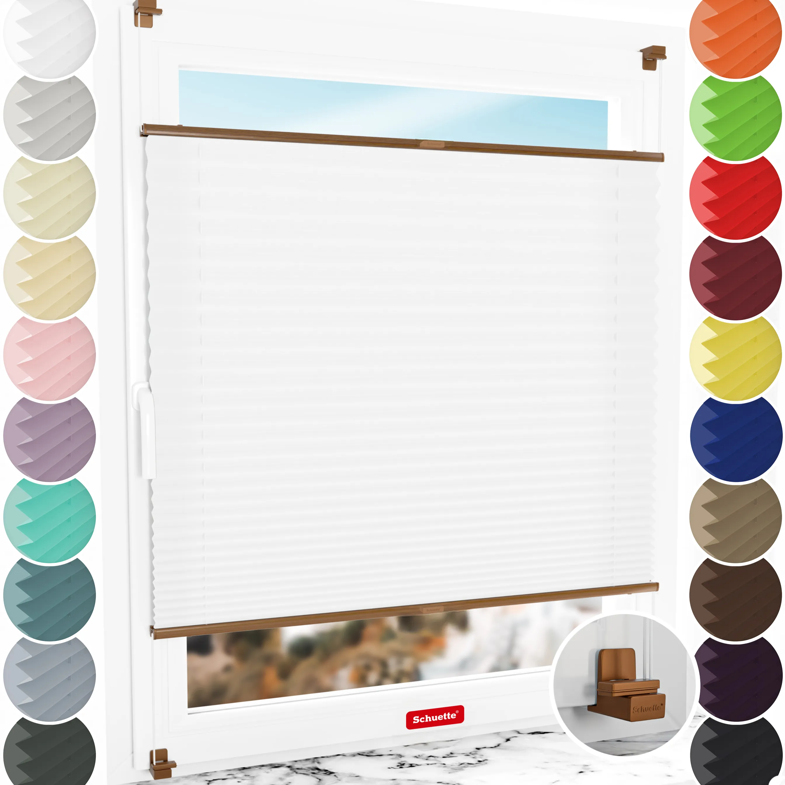 Schuette® Plissee ohne Bohren nach Maß • Suprafix Klemmhalter "X" • Premium Kollektion: White Day (Weiß) • Profilfarbe: Eiche