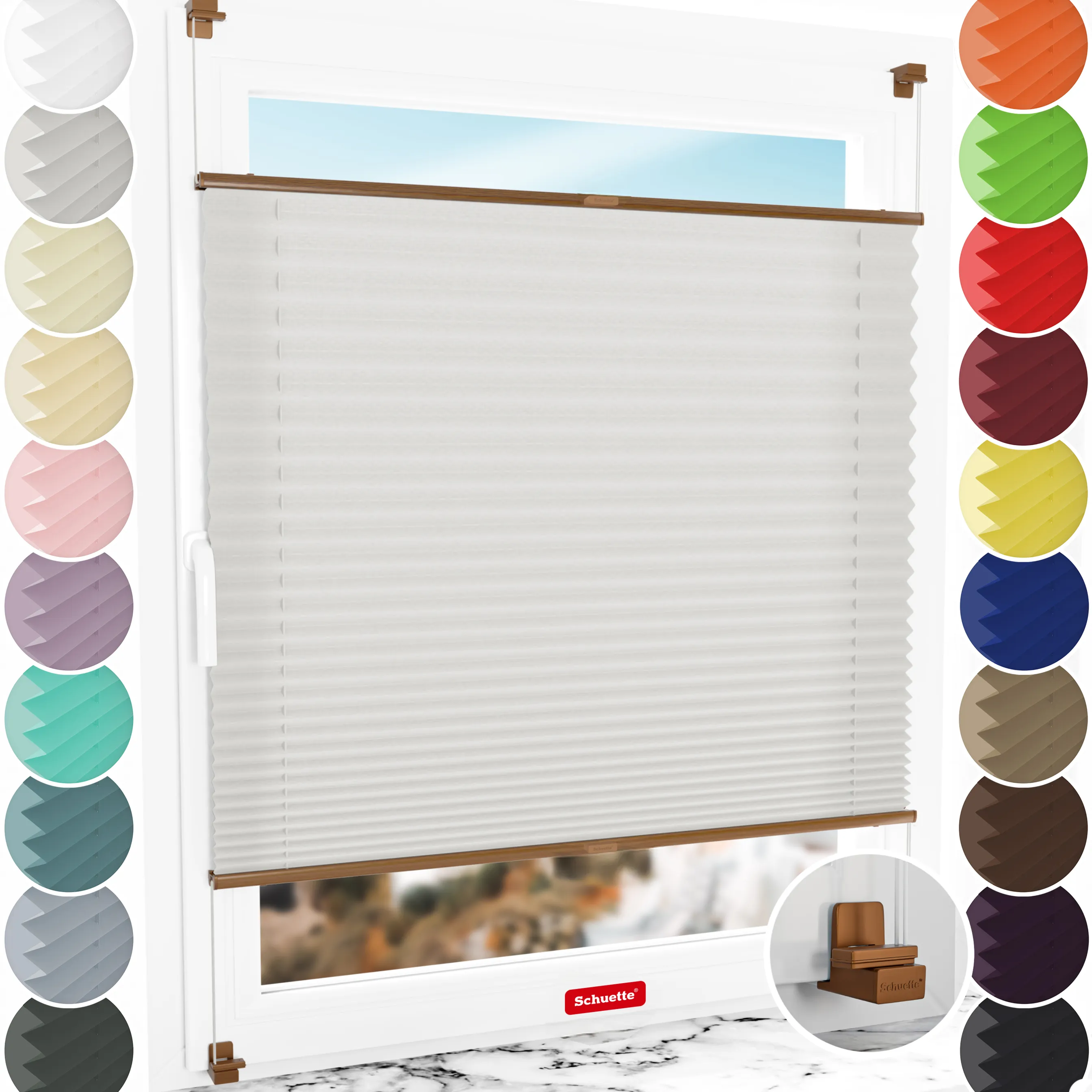 Schuette® Plissee ohne Bohren nach Maß • Suprafix Klemmhalter "X" • Premium Kollektion: A Way Home (Silber) • Profilfarbe: Eiche