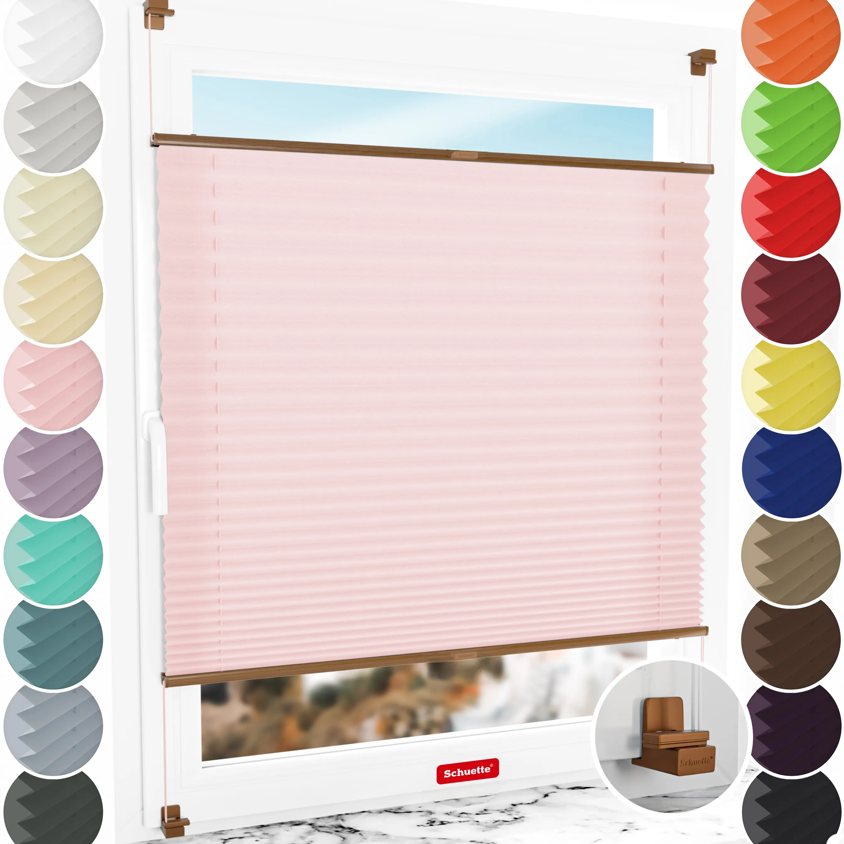 Schuette® Plissee ohne Bohren nach Maß • Suprafix Klemmhalter "X" • Premium Kollektion: Powdered Rose (Rosa) • Profilfarbe: Eiche