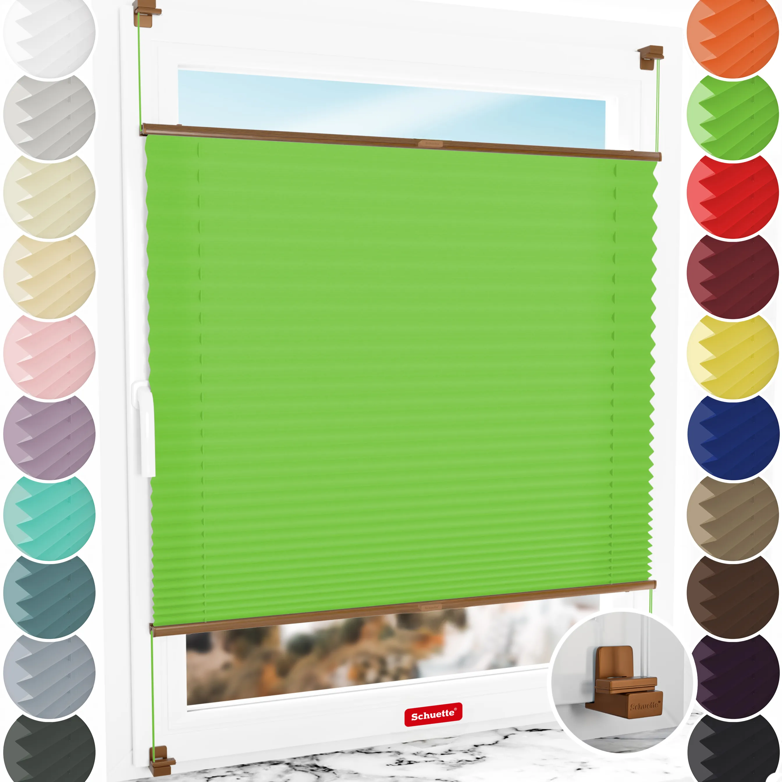 Schuette® Plissee ohne Bohren nach Maß • Suprafix Klemmhalter "X" • Premium Kollektion: Green Meadow (Grün) • Profilfarbe: Eiche