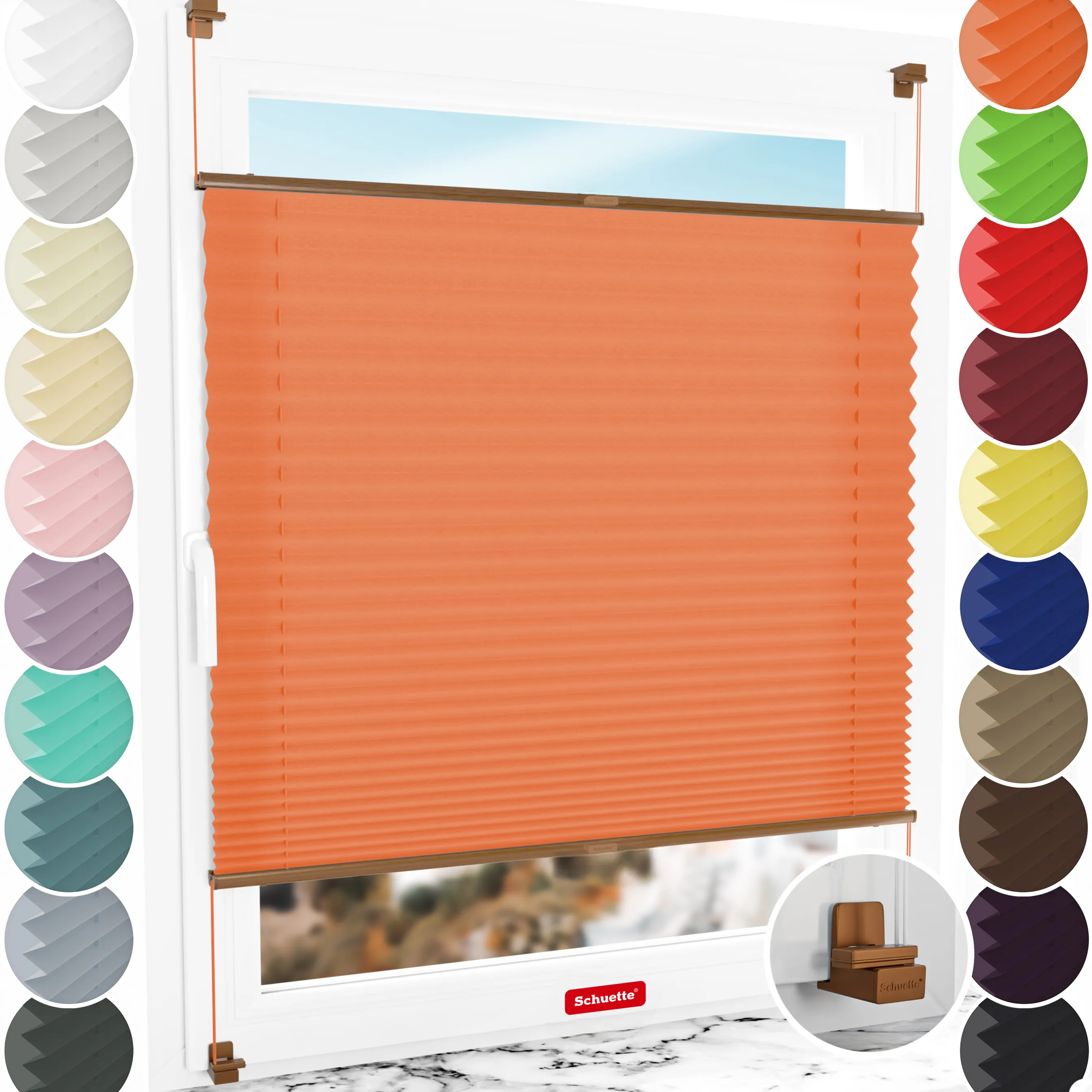 Schuette® Plissee ohne Bohren nach Maß • Suprafix Klemmhalter "X" • Premium Kollektion: Sunset (Orange) • Profilfarbe: Eiche