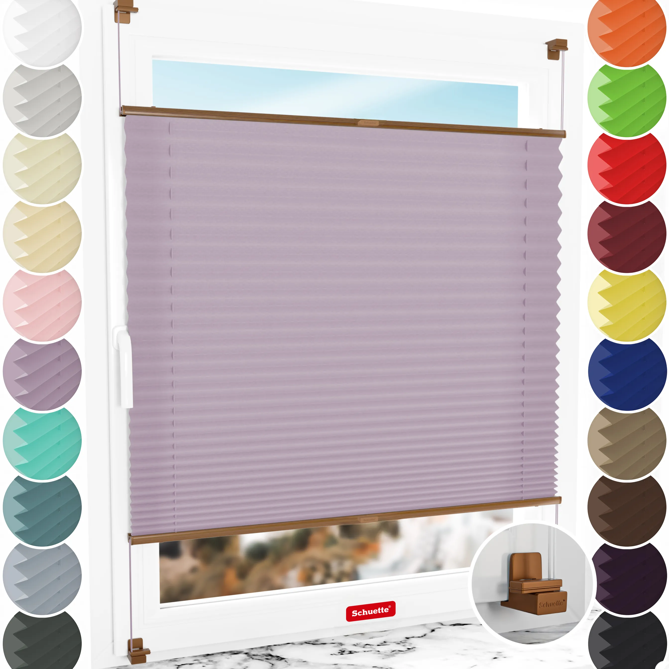 Schuette® Plissee ohne Bohren nach Maß • Suprafix Klemmhalter "X" • Premium Kollektion: Plum Charm (Lila) • Profilfarbe: Eiche