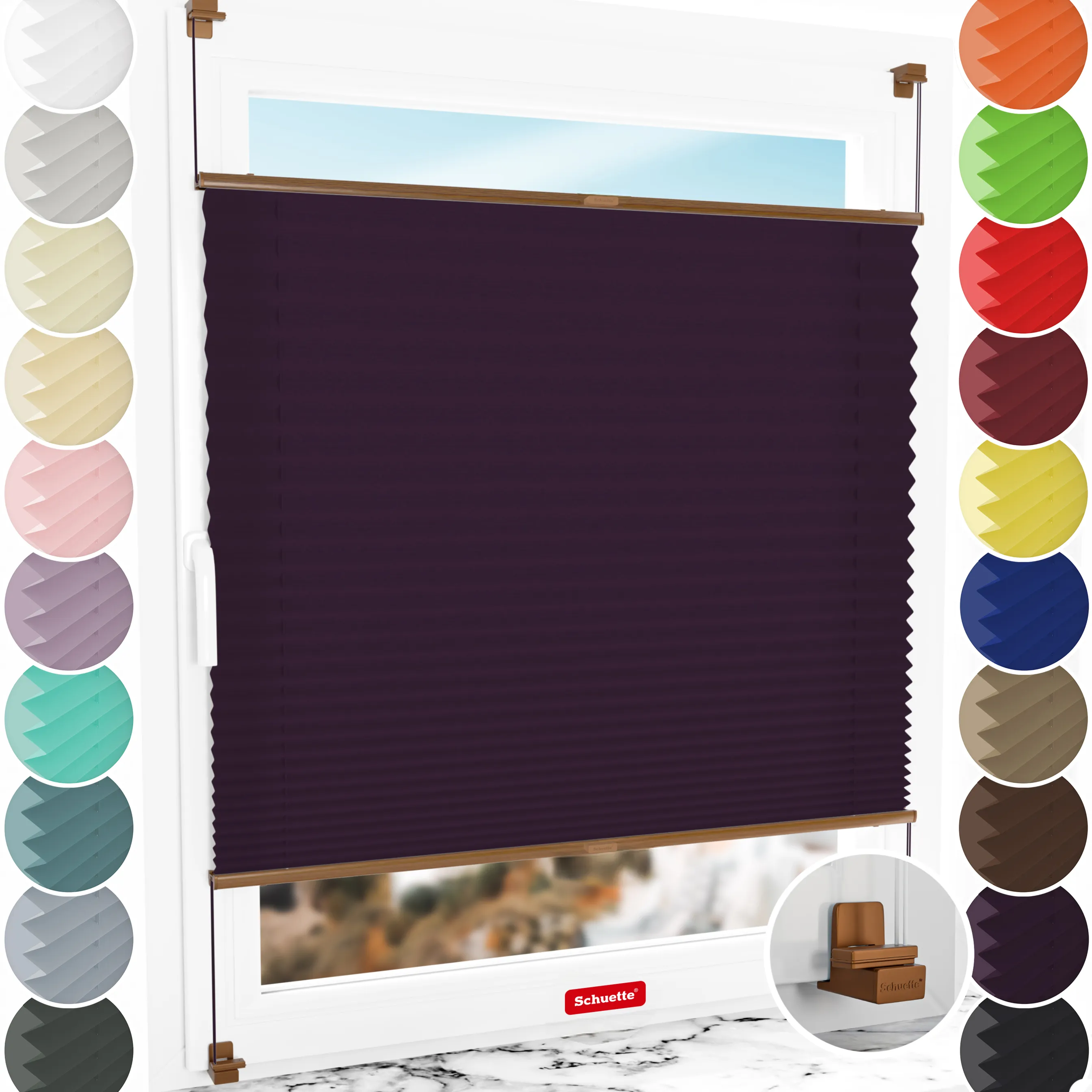 Schuette® Plissee ohne Bohren nach Maß • Suprafix Klemmhalter "X" • Premium Kollektion: Midnight Muse (Violet) • Profilfarbe: Eiche