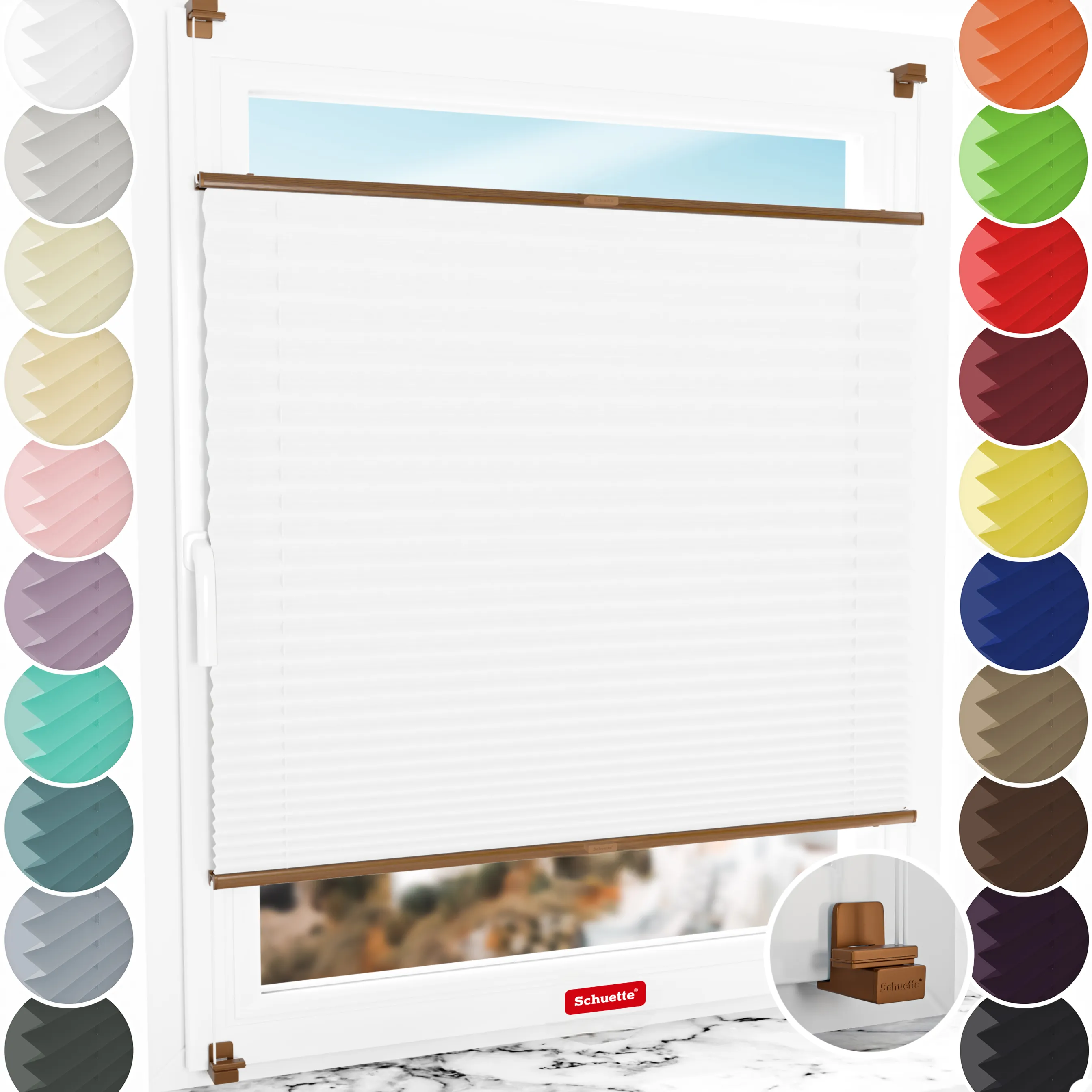 Schuette® Plissee ohne Bohren nach Maß • Suprafix Klemmhalter "X" • Thermo Kollektion: White Day (Weiß) • Profilfarbe: Eiche