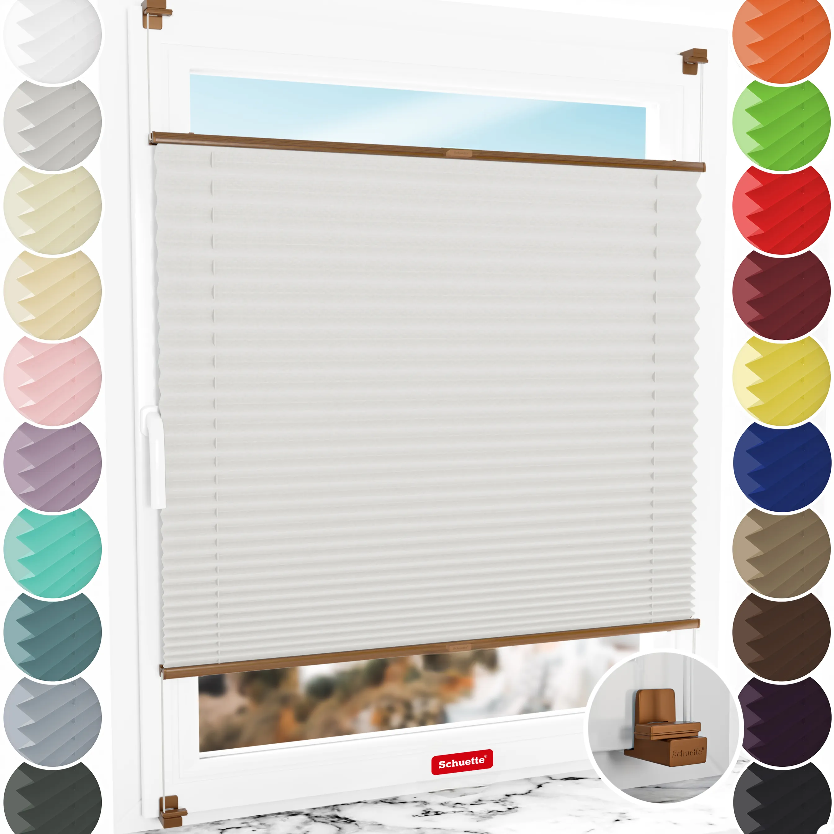Schuette® Plissee ohne Bohren nach Maß • Suprafix Klemmhalter "X" • Thermo Kollektion: Spring Cloud (Grau) • Profilfarbe: Eiche