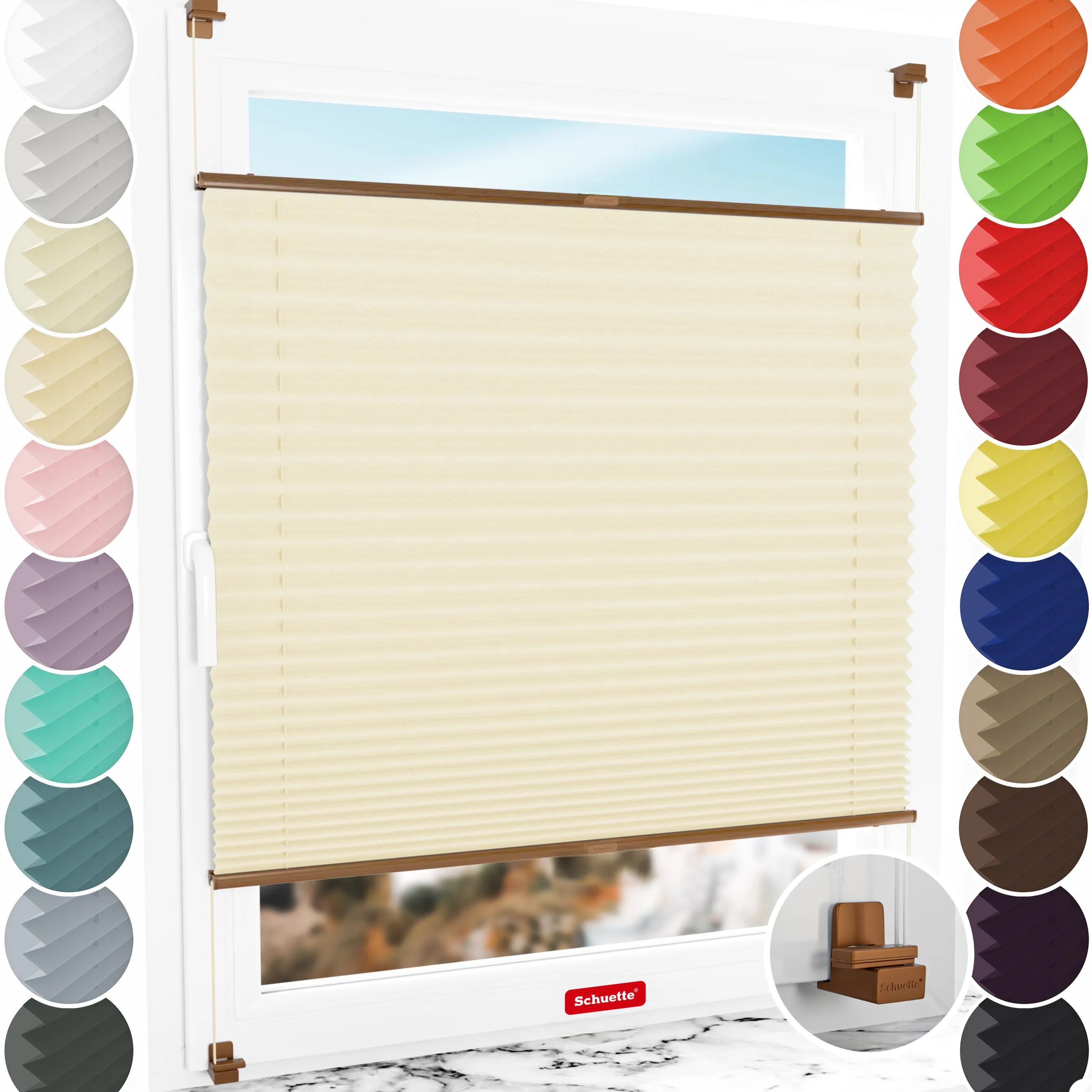 Schuette® Plissee ohne Bohren nach Maß • Suprafix Klemmhalter "X" • Thermo Kollektion: Milk Tea (Beige) • Profilfarbe: Eiche