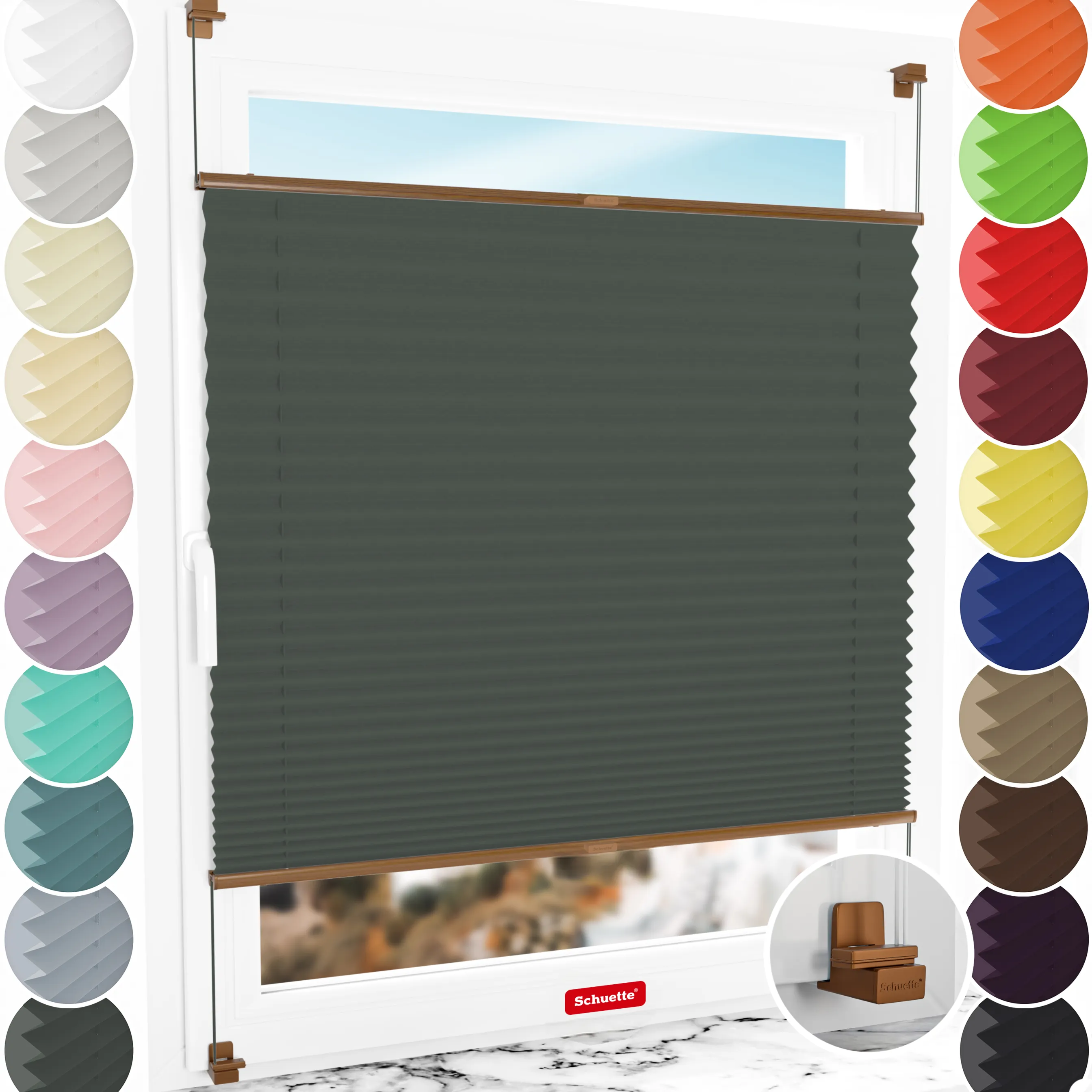 Schuette® Plissee ohne Bohren nach Maß • Suprafix Klemmhalter "X" • Thermo Kollektion: Before Storm (Grau) • Profilfarbe: Eiche