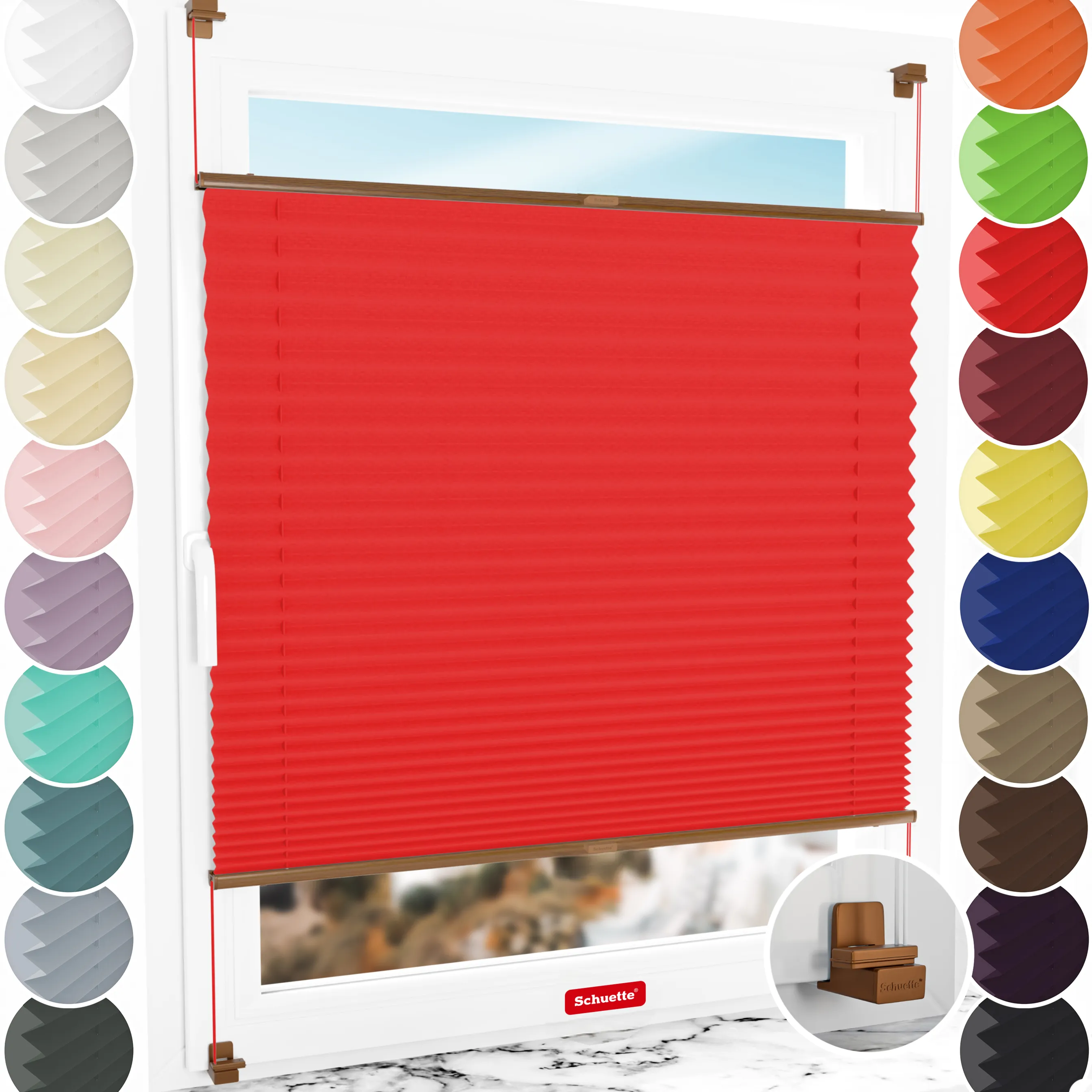 Schuette® Plissee ohne Bohren nach Maß • Suprafix Klemmhalter "X" • Thermo Kollektion: Cherry Charm (Rot) • Profilfarbe: Eiche