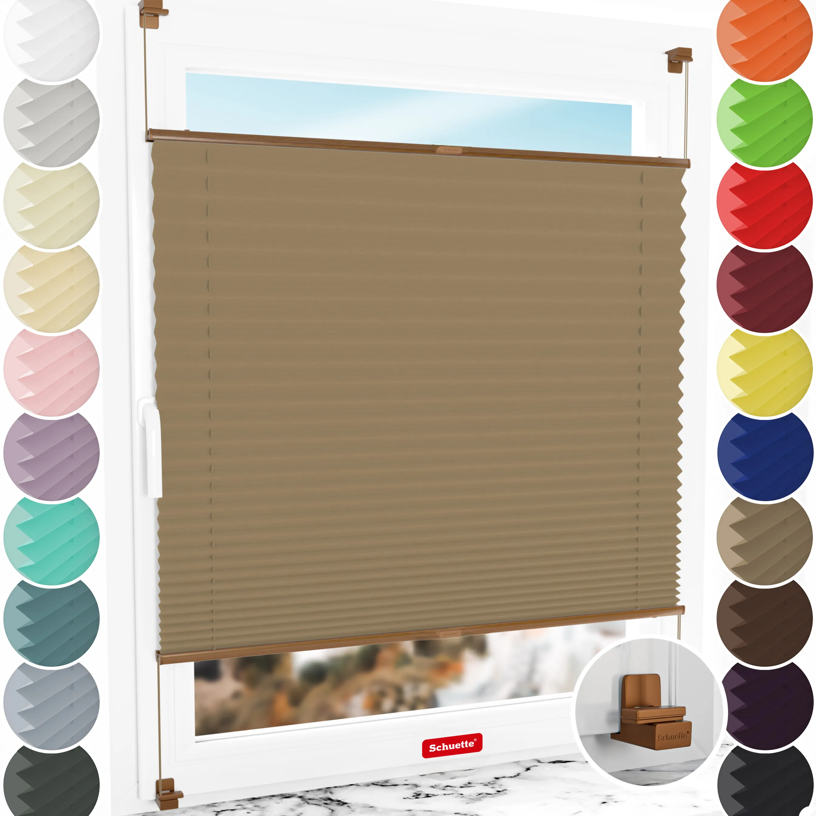 Schuette® Plissee ohne Bohren nach Maß • Suprafix Klemmhalter "X" • Thermo Kollektion: Mocha Dream (Hellbraun) • Profilfarbe: Eiche