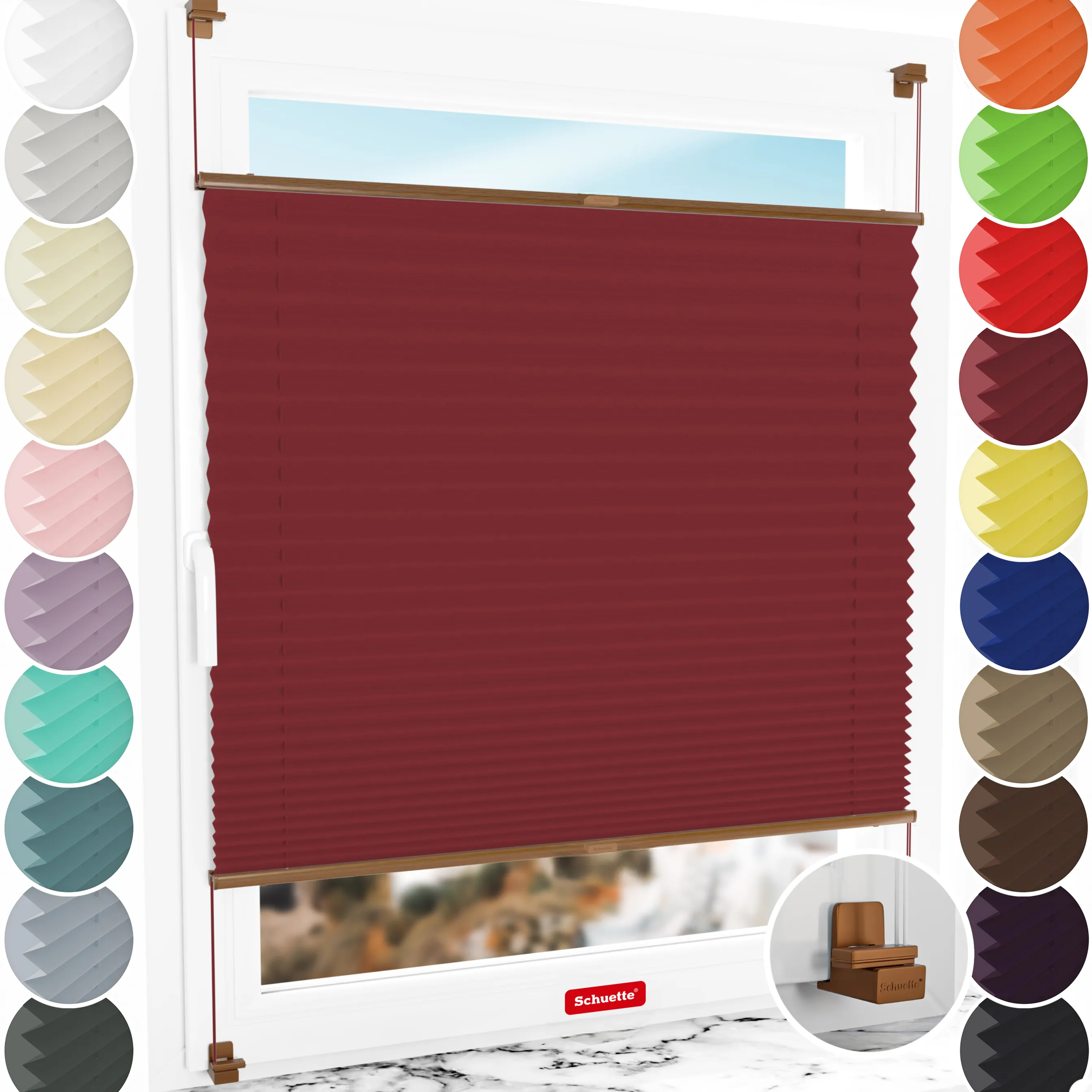 Schuette® Plissee ohne Bohren nach Maß • Suprafix Klemmhalter "X" • Thermo Kollektion: Scarlet Wine (Rot) • Profilfarbe: Eiche