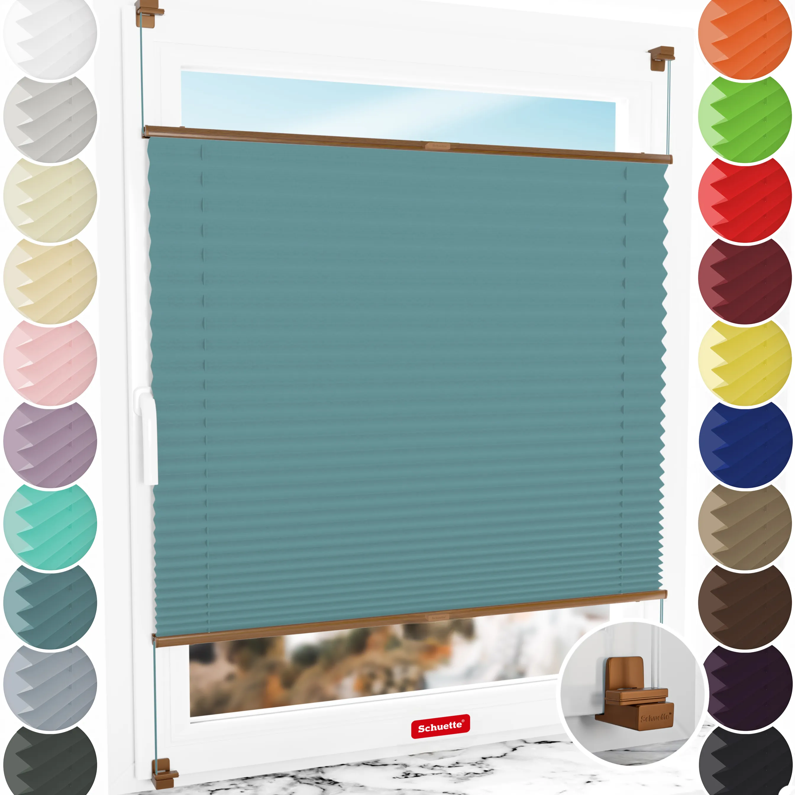 Schuette® Plissee ohne Bohren nach Maß • Suprafix Klemmhalter "X" • Thermo Kollektion: Teal Aura (Türkis) • Profilfarbe: Eiche