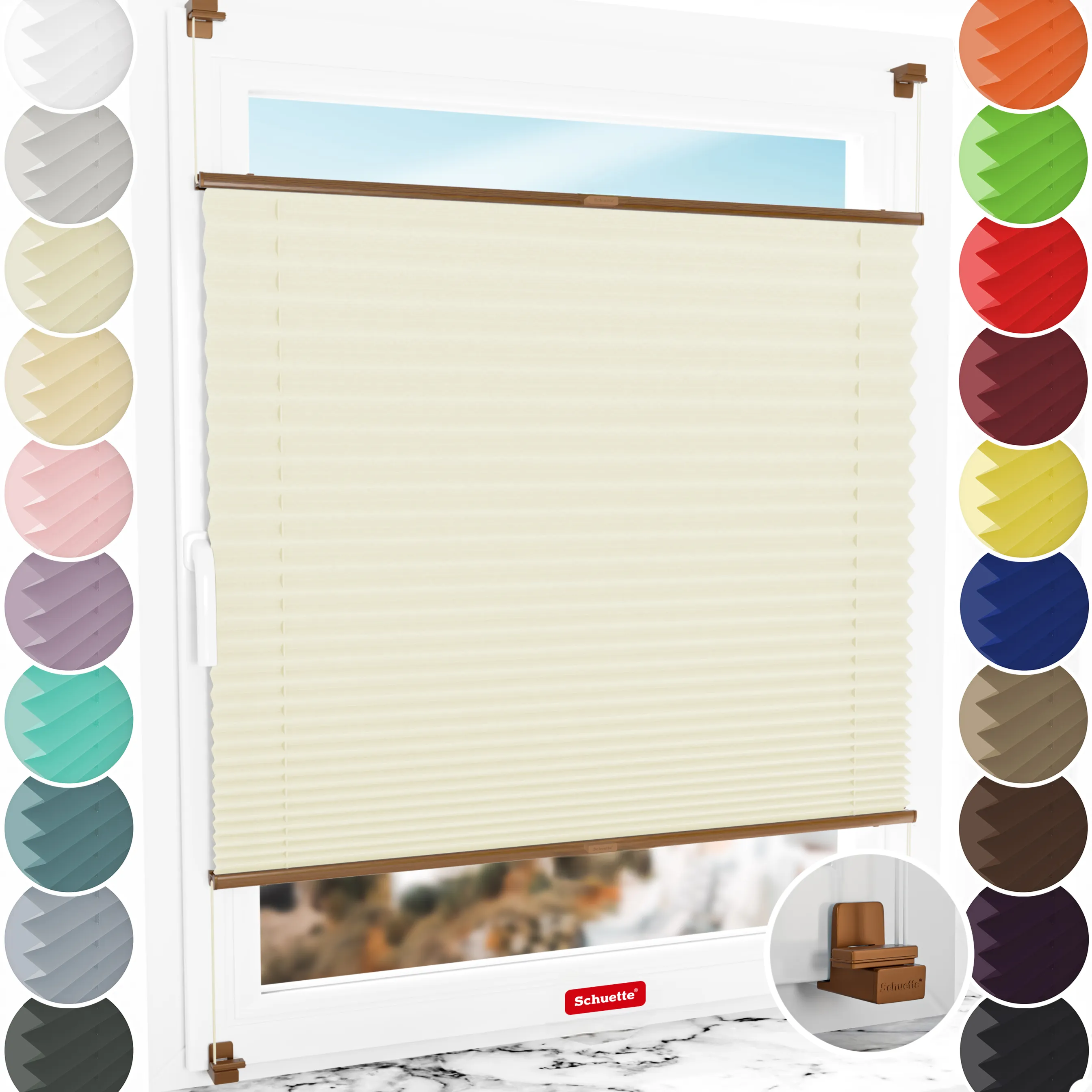 Schuette® Plissee ohne Bohren nach Maß • Suprafix Klemmhalter "X" • Thermo Kollektion: Sandstone (Beige) • Profilfarbe: Eiche