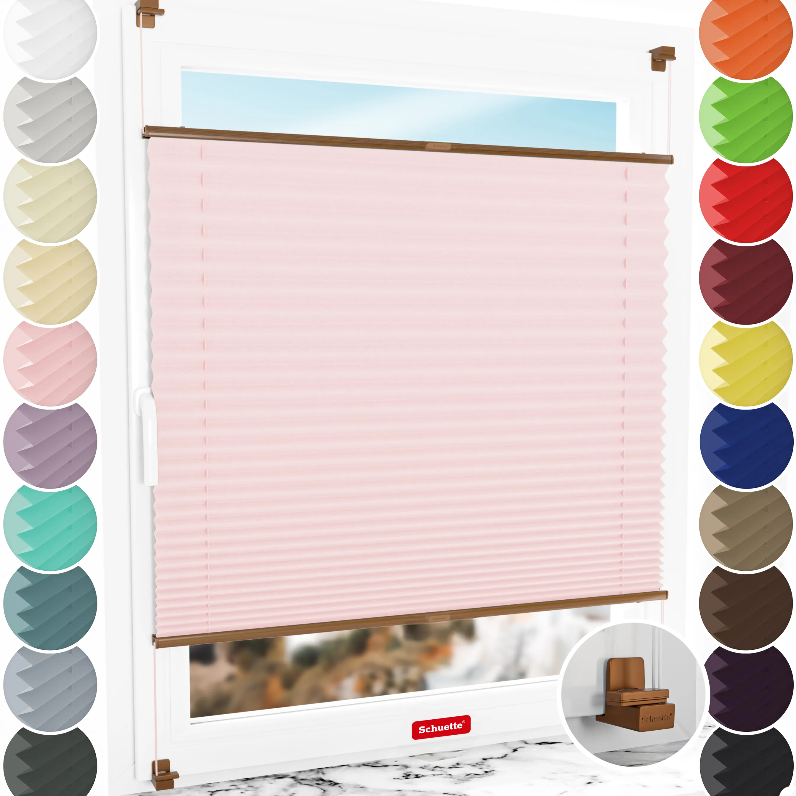 Schuette® Plissee ohne Bohren nach Maß • Suprafix Klemmhalter "X" • Thermo Kollektion: Rosewater (Rosa) • Profilfarbe: Eiche