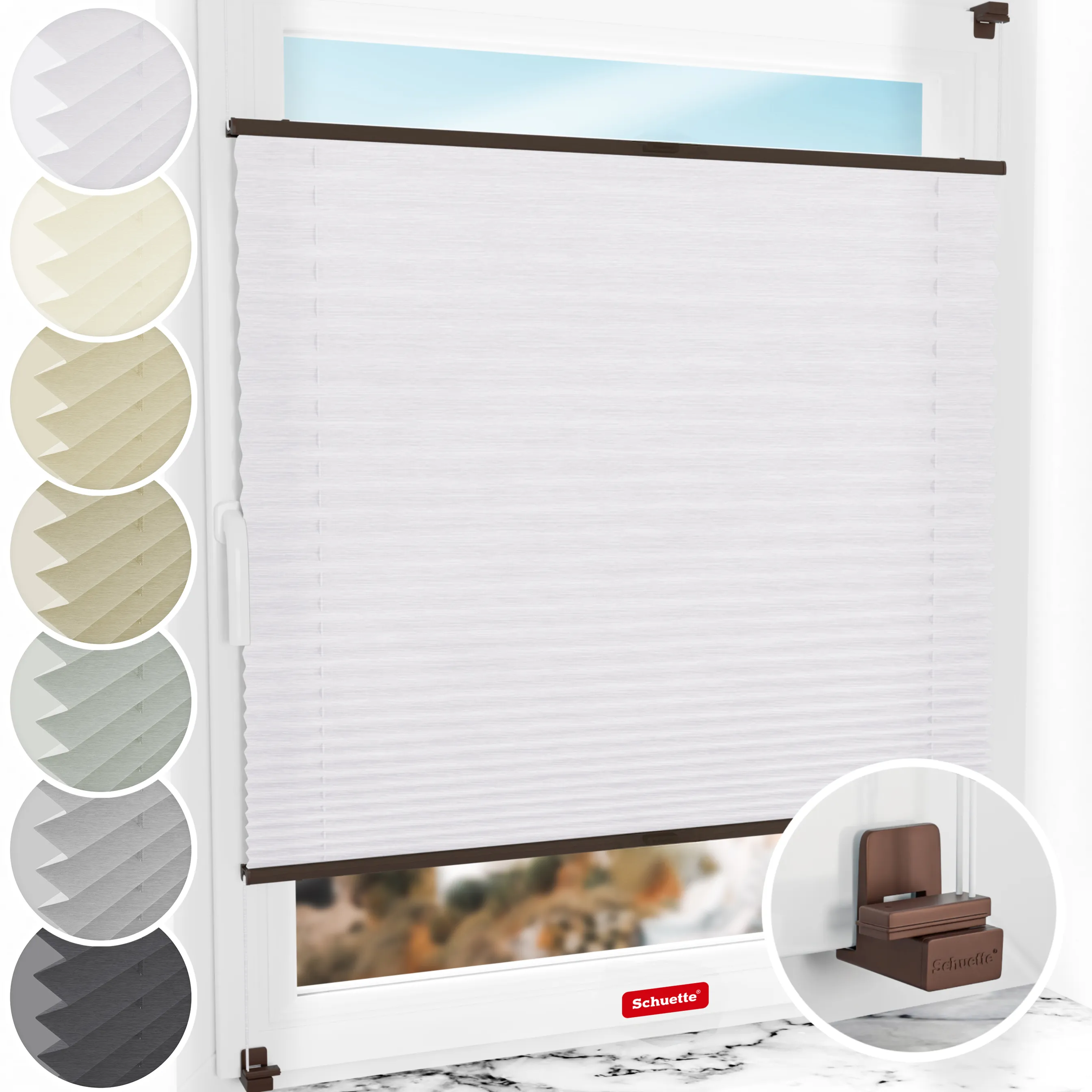Schuette® Plissee ohne Bohren nach Maß • Suprafix Klemmhalter "X" • Dolomite Kollektion: Cold Morning (Grau) • Profilfarbe: Walnuss