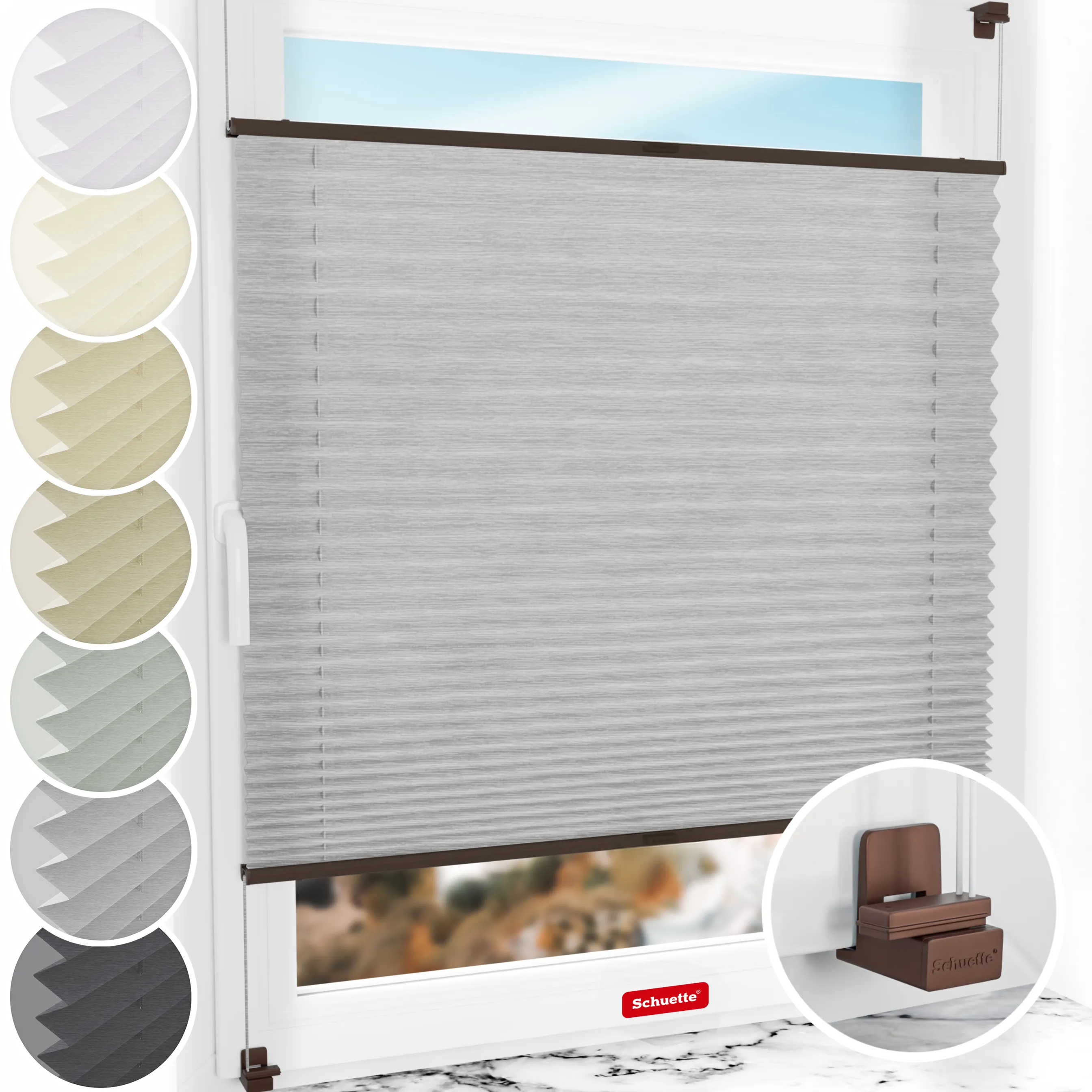Schuette® Plissee ohne Bohren nach Maß • Suprafix Klemmhalter "X" • Dolomite Kollektion: Storm Gray (Grau) • Profilfarbe: Walnuss