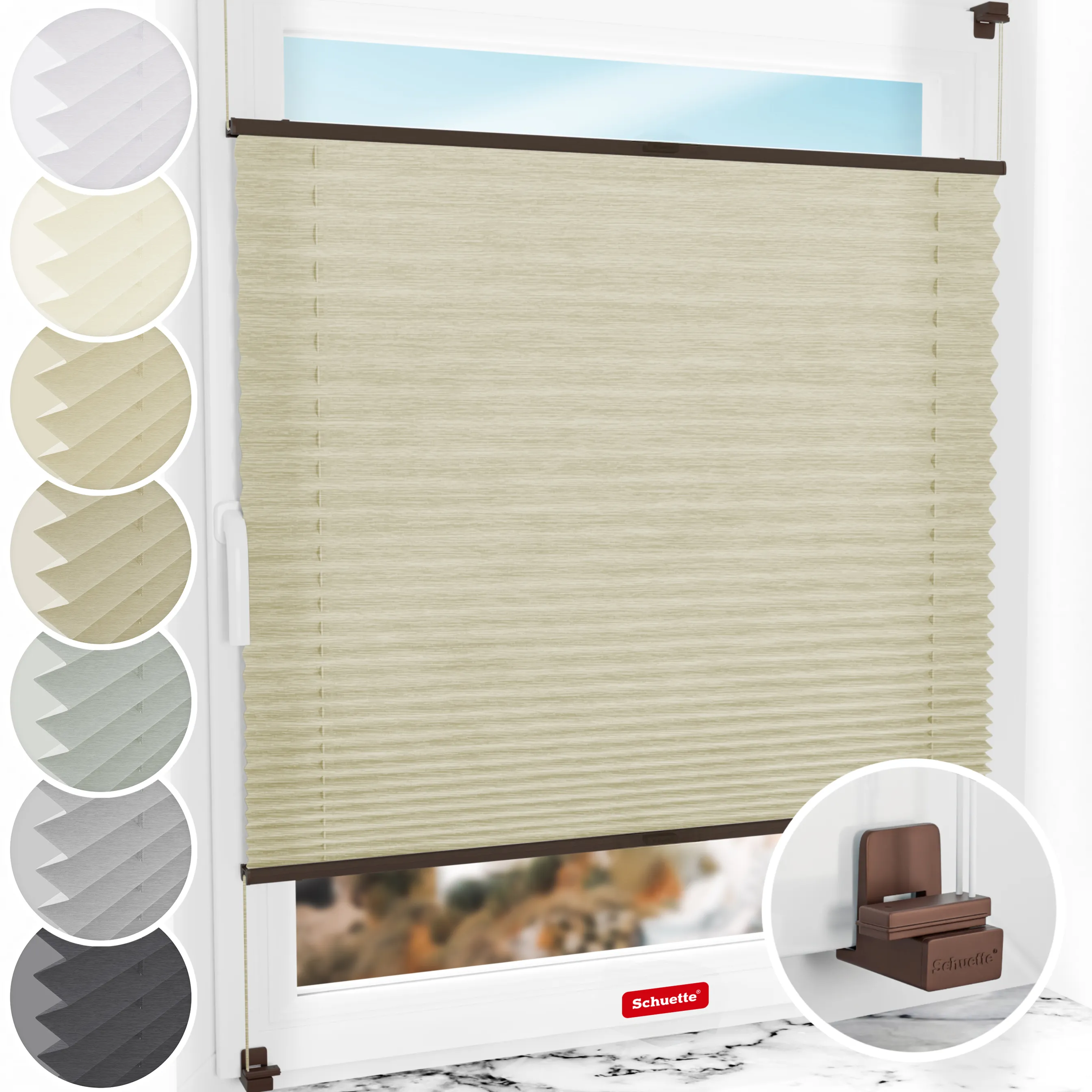 Schuette® Plissee ohne Bohren nach Maß • Suprafix Klemmhalter "X" • Dolomite Kollektion: Light Coffee (Beige) • Profilfarbe: Walnuss