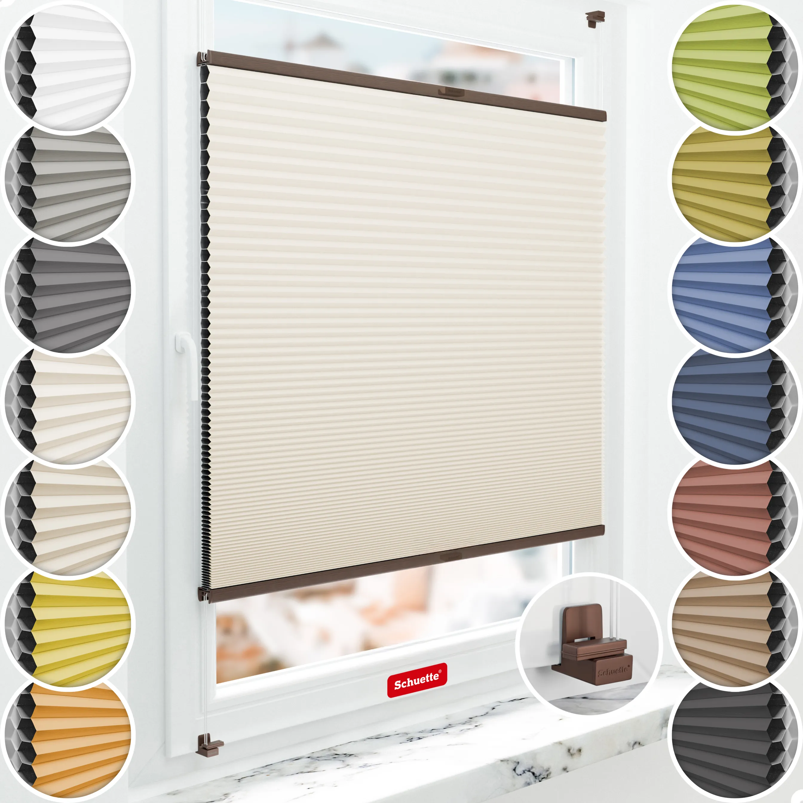 Schuette® Wabenplissee ohne Bohren nach Maß • Suprafix Klemmhalter "X" • Honey Kollektion: Calm Coast (Beige) • Profilfarbe: Walnuss