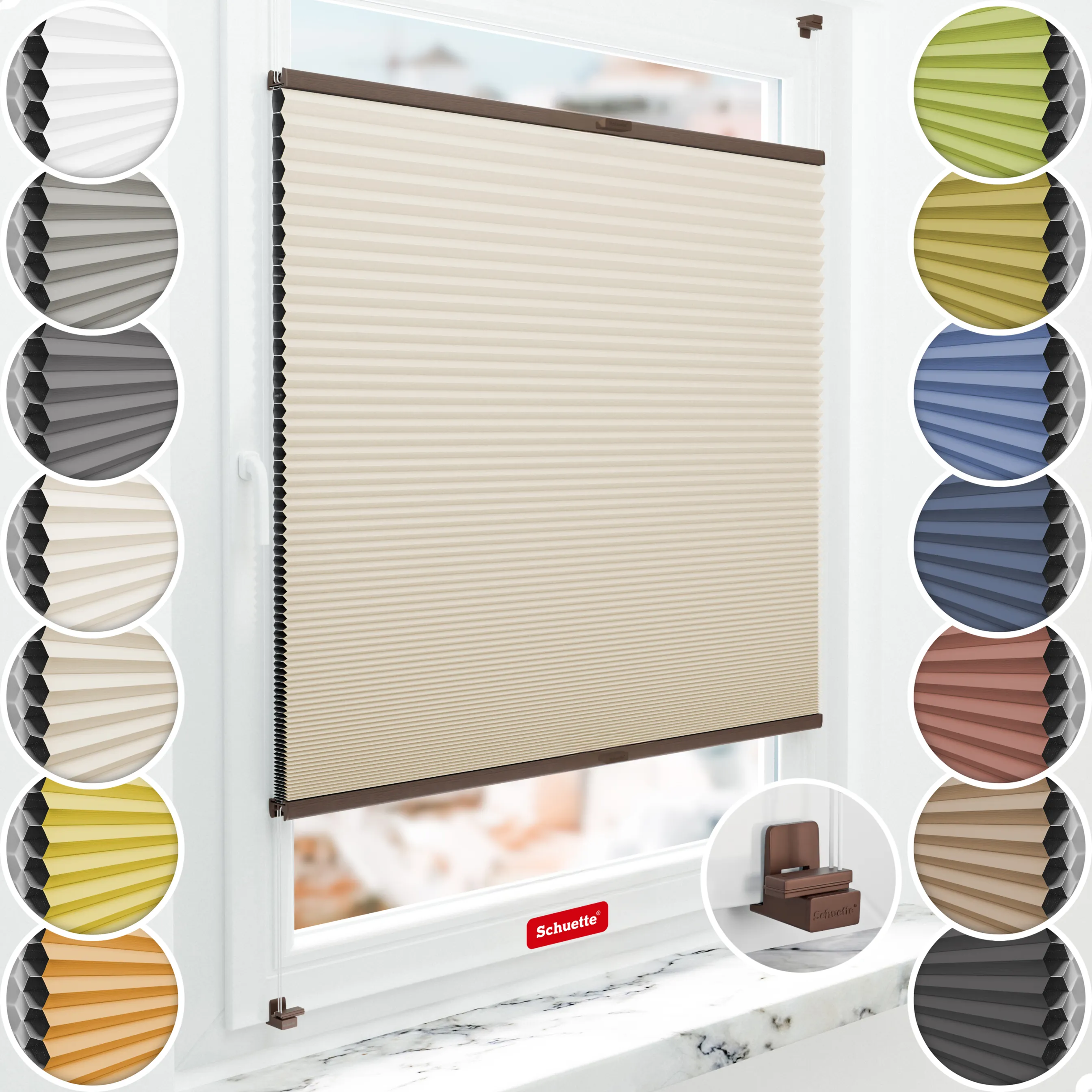 Schuette® Wabenplissee ohne Bohren nach Maß • Suprafix Klemmhalter "X" • Honey Kollektion: The Dune (Beige) • Profilfarbe: Walnuss
